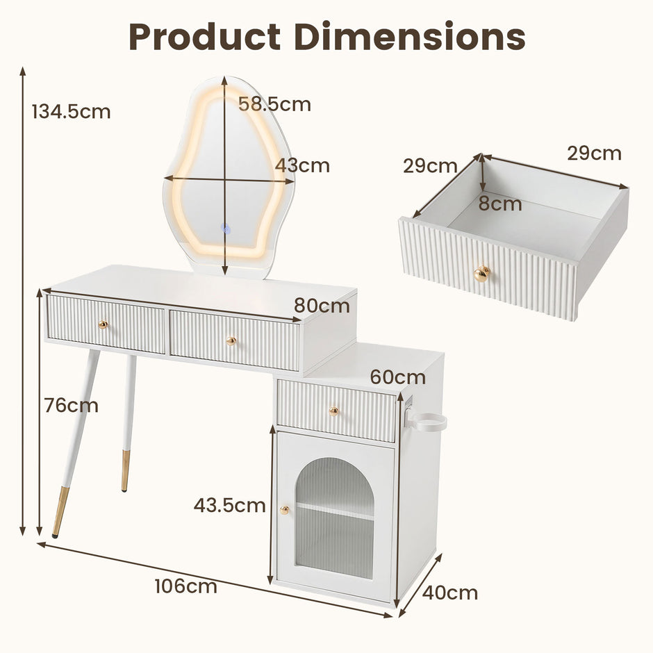 Sminkbord – med belyst spegel, lådor och skåp, mått cm, vitt – 3 106 x 40 x 134,5