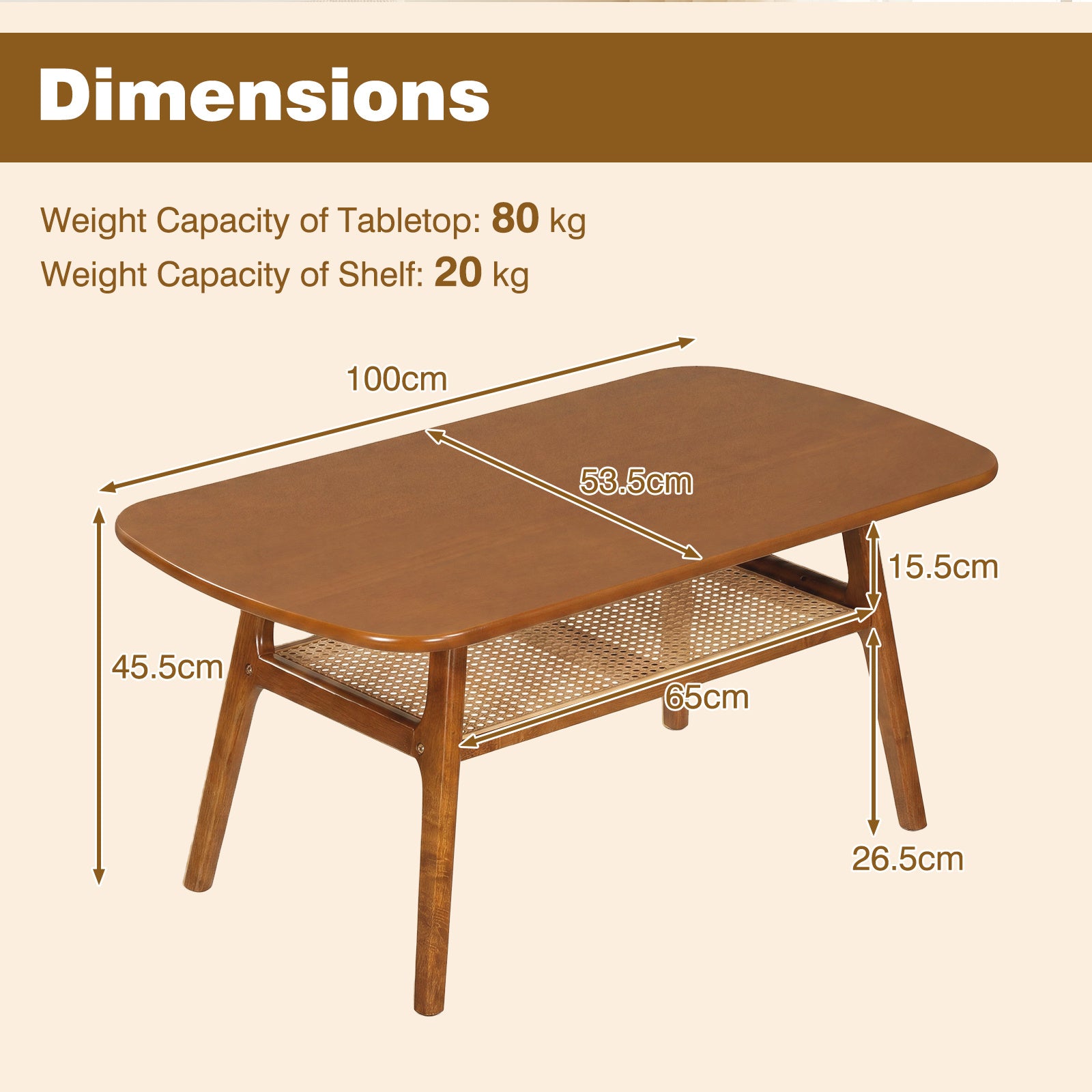 Soffbord – sidobord med två nivåer och öppen hylla, vardagsrumsbord Valnötsfärg – / 100 x 53,5 x 45,5 cm