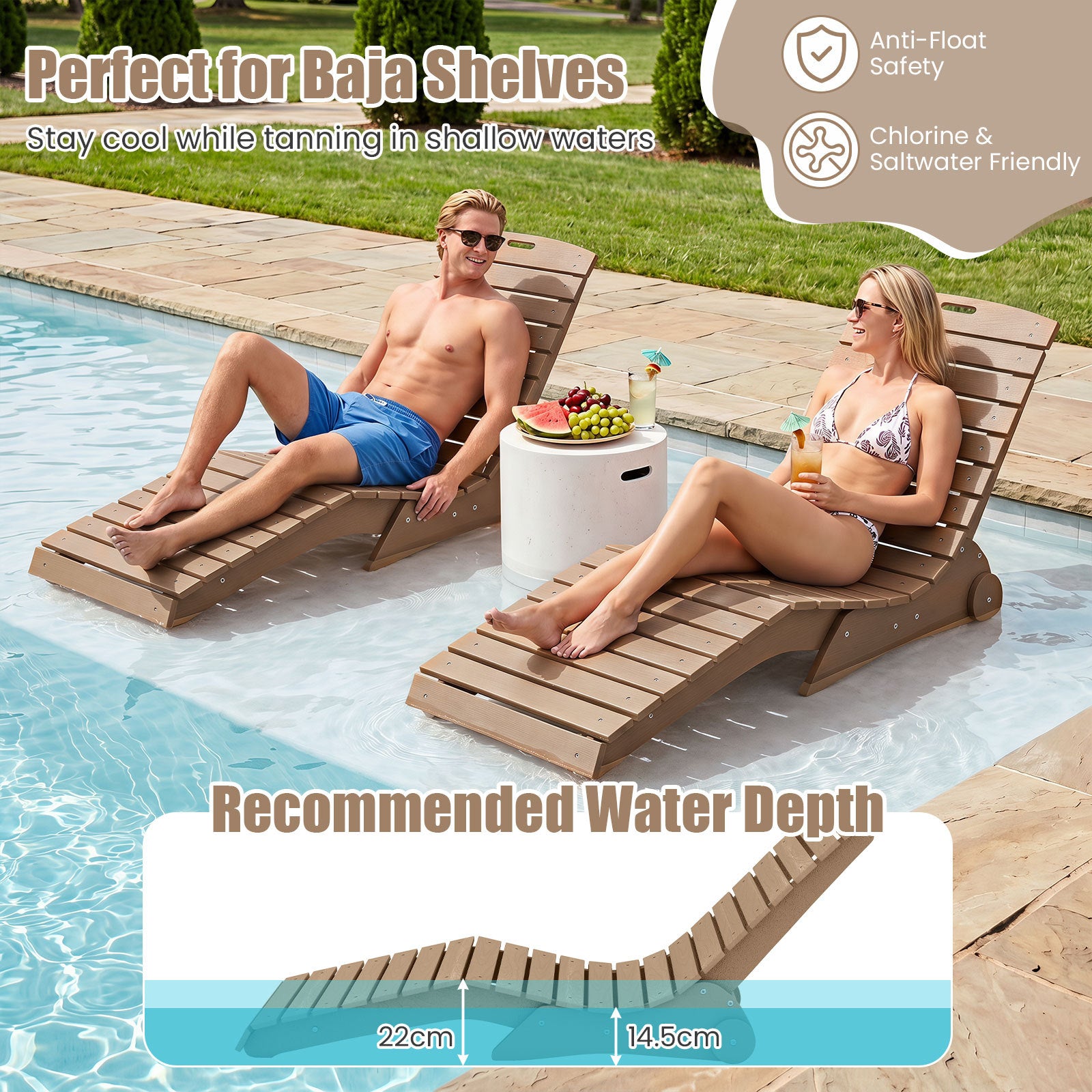 Solbädd – i HDPE, ergonomisk S formad trädgårdslägenhet, väderbeständig strandbädd med hjul