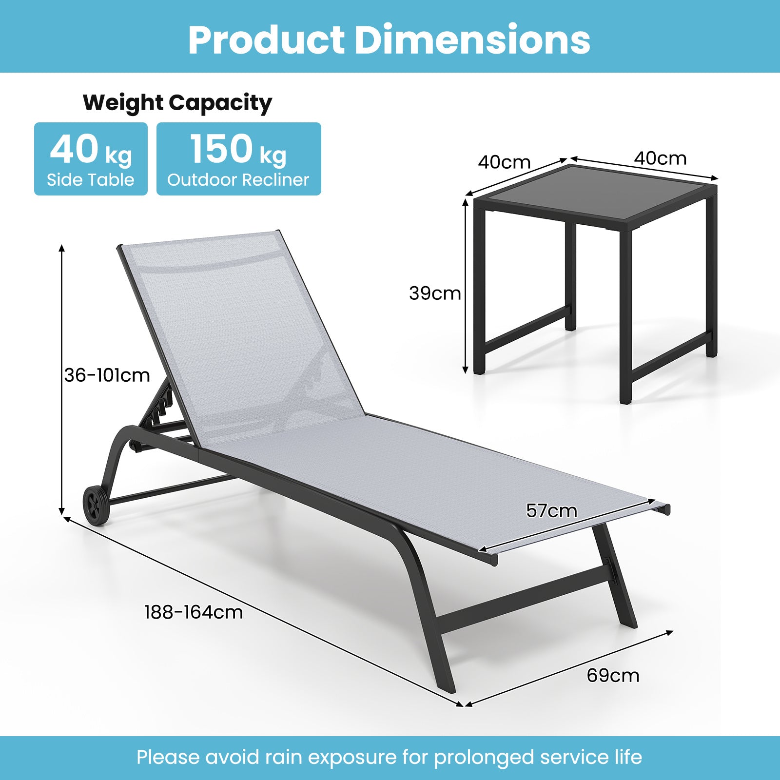 Solsäng – med hjul och sidobord, utomhusliggare maxbelastning upp till – 150 kg