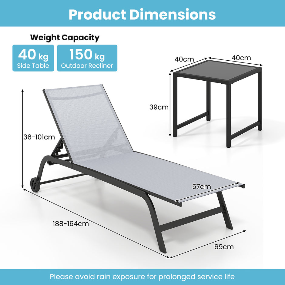 Solsäng – med hjul och sidobord, utomhusliggare maxbelastning upp till – 150 kg