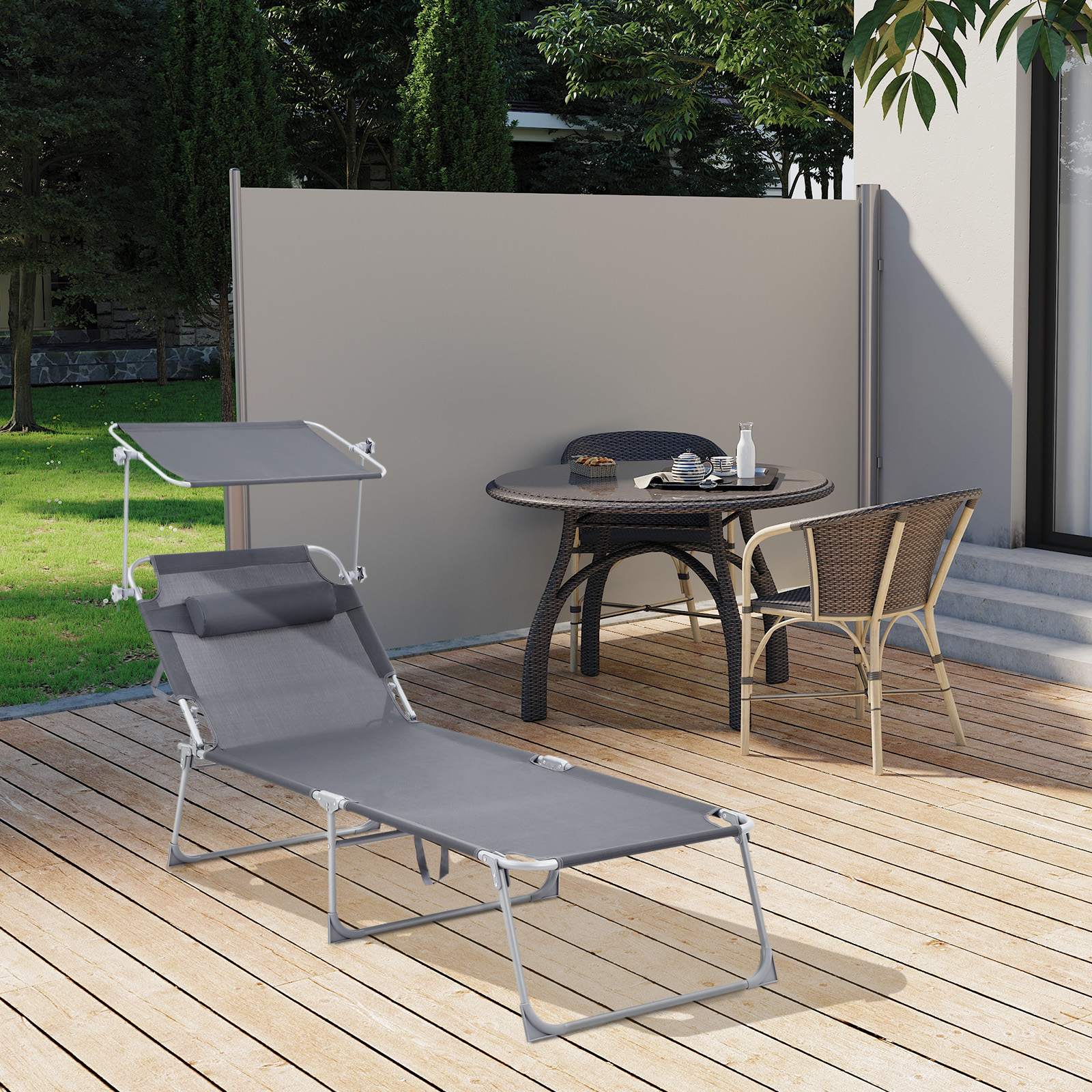Ligbed – verstelbare rugleuning – met zonneklep – grijs/blauw