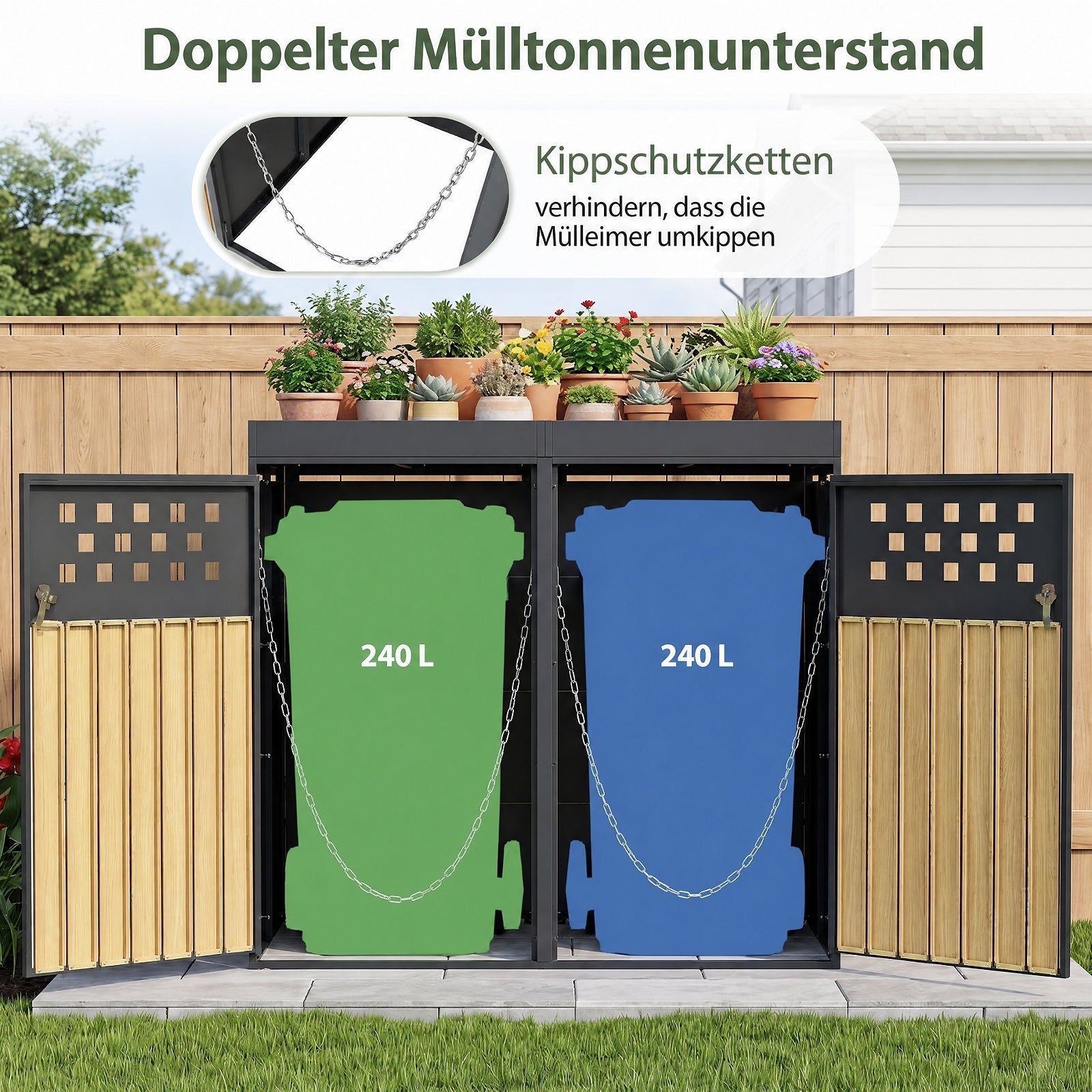 Soptunneförråd – för två kärl i galvaniserad stål med planterbart tak, mått – 132 x 80 x 124 cm