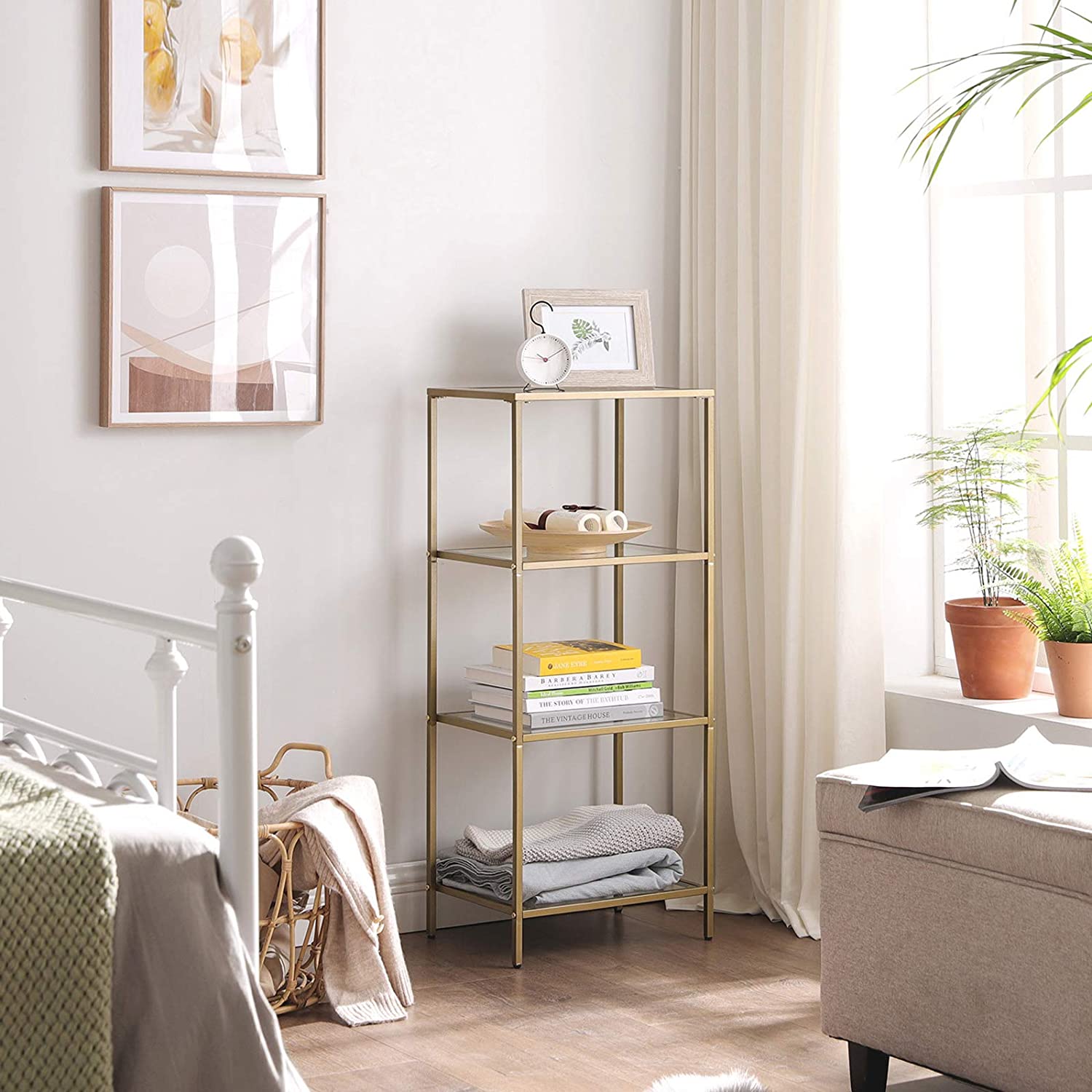 Badkamerkast - 4 niveaus - Openkast van gehard glas - Goudkleurig stalen frame
