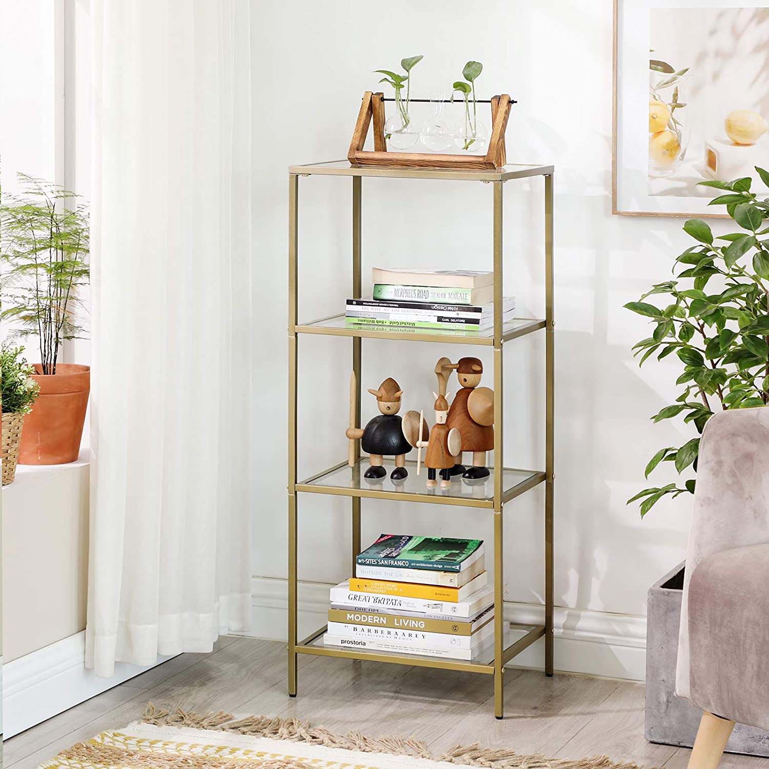 Badkamerkast - 4 niveaus - Openkast van gehard glas - Goudkleurig stalen frame