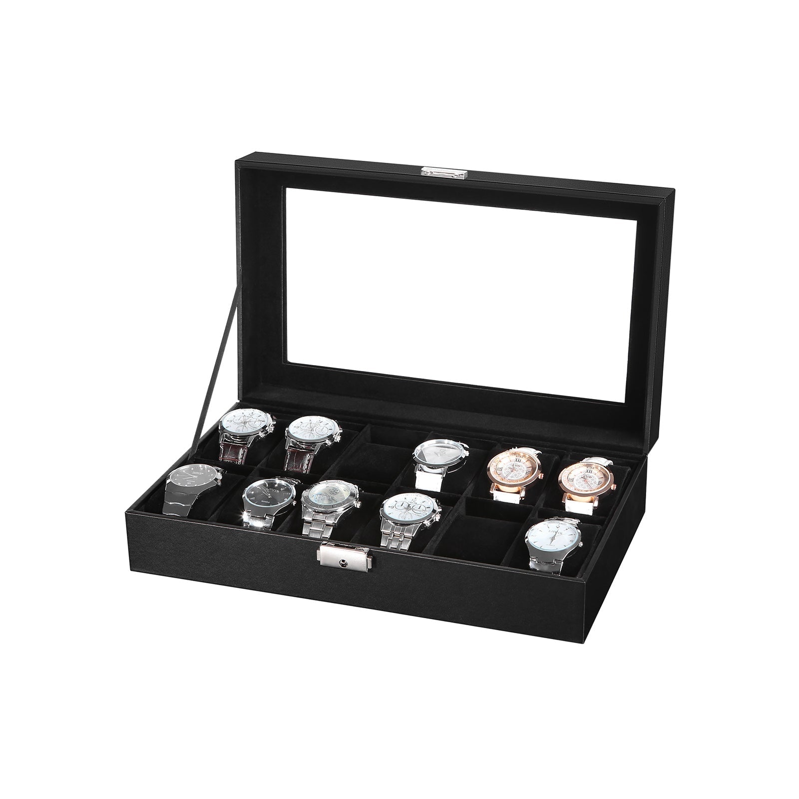 Horlogebox – 12 horloges – glazen deksel – zwart
