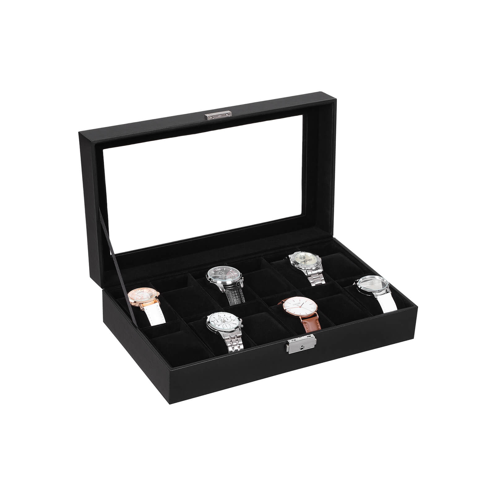 Horlogebox – 12 horloges – glazen deksel – zwart