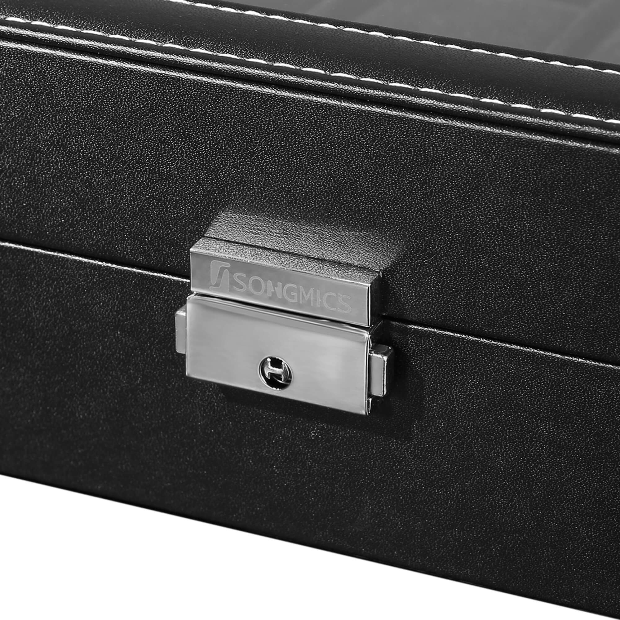 Horlogebox – 12 horloges – glazen deksel – zwart