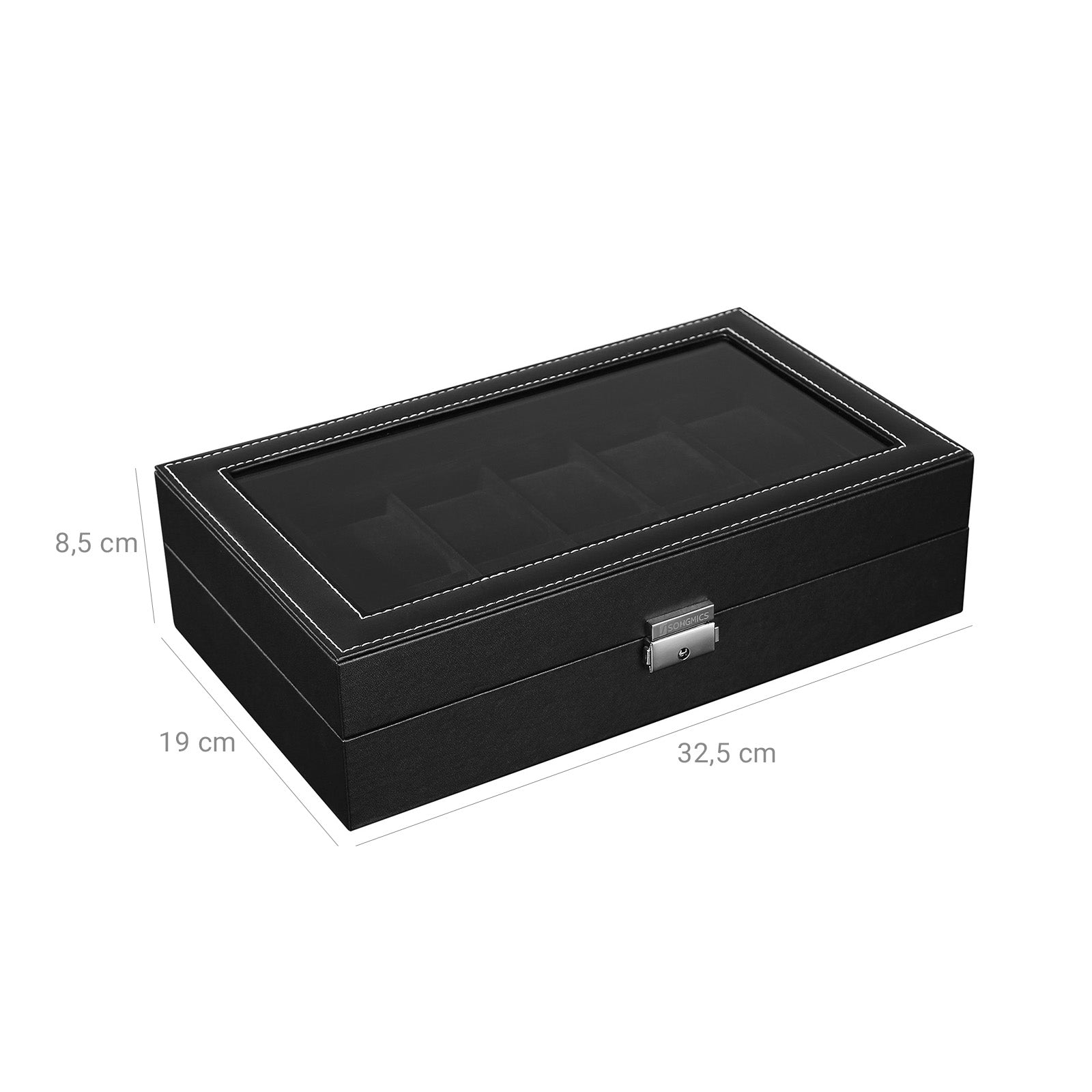 Horlogebox – 12 horloges – glazen deksel – zwart