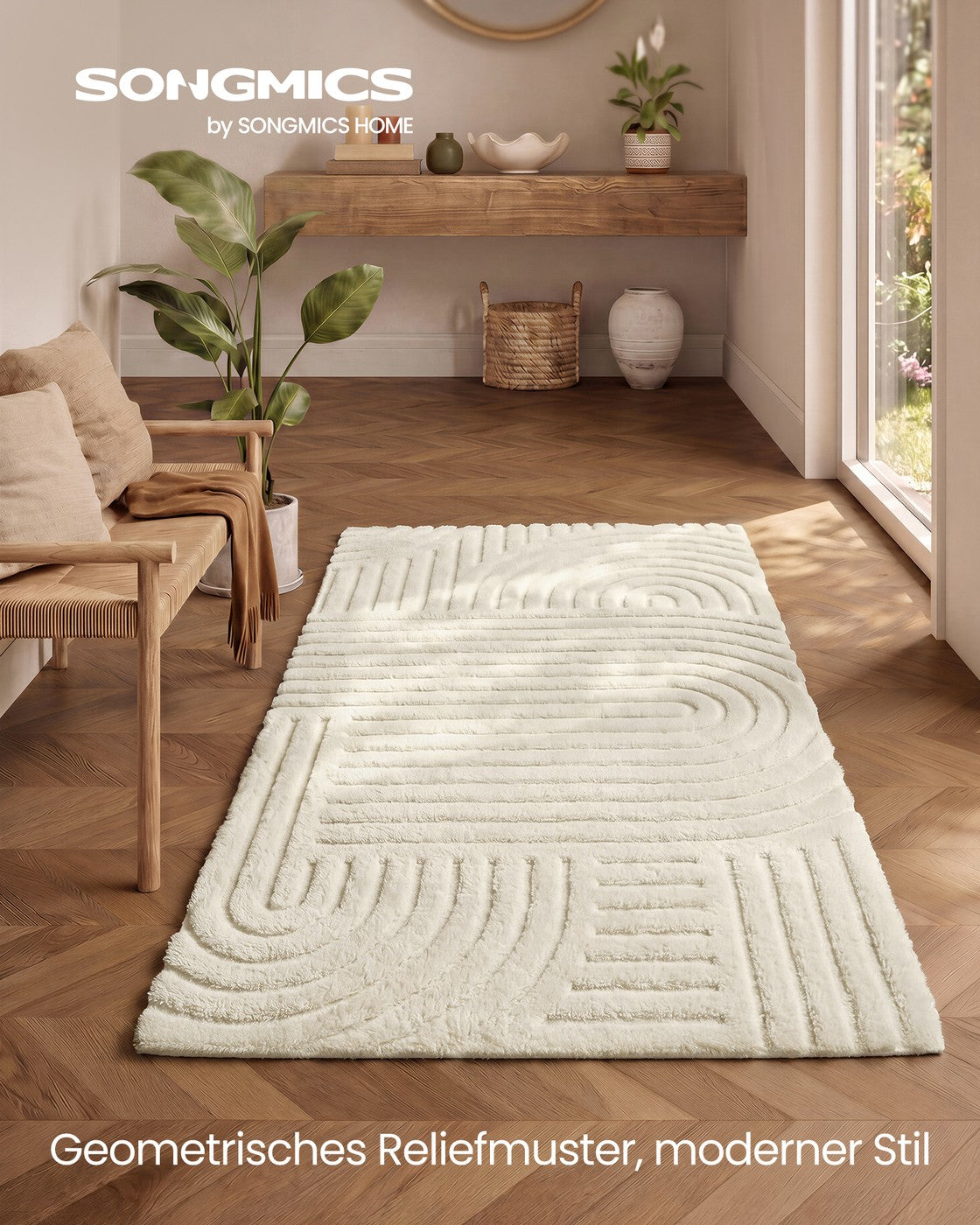 Vloerkleed - 150 x 80 cm - 3D Geometrisch Patroon - Wasbaar - Crèmewit