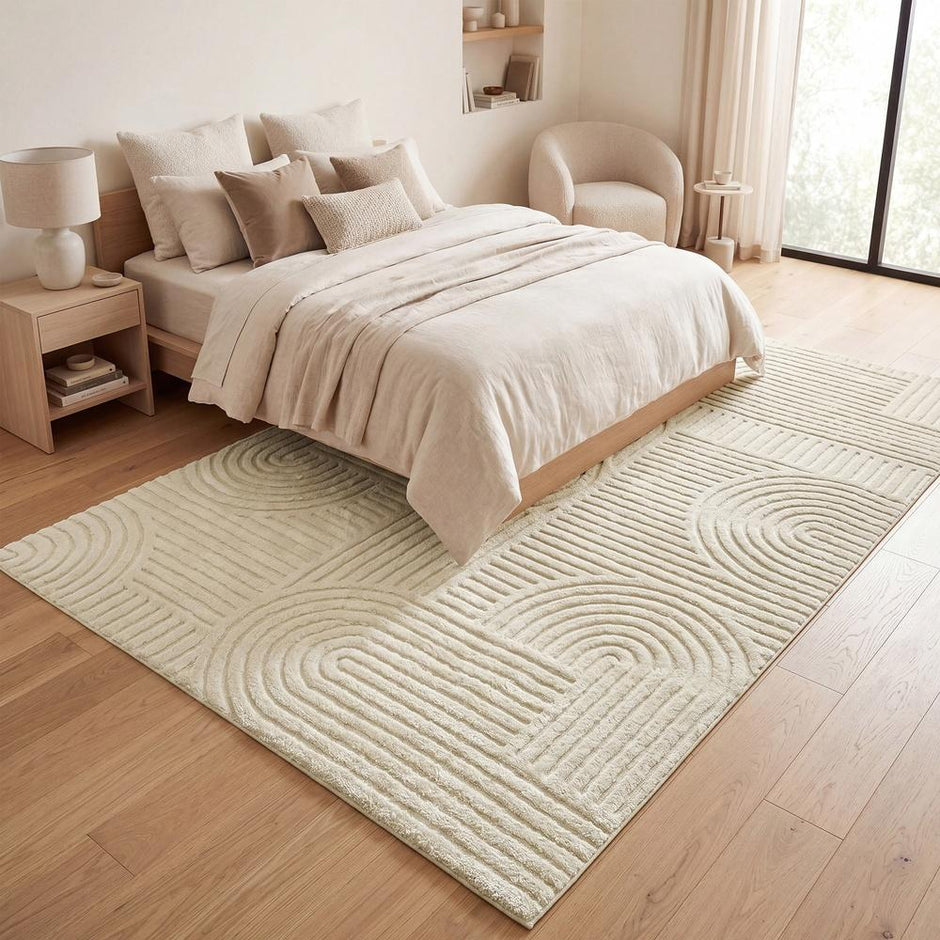 Vloerkleed - 290 x 200 cm - 3D Geometrisch Patroon - Wasbaar - Crèmewit