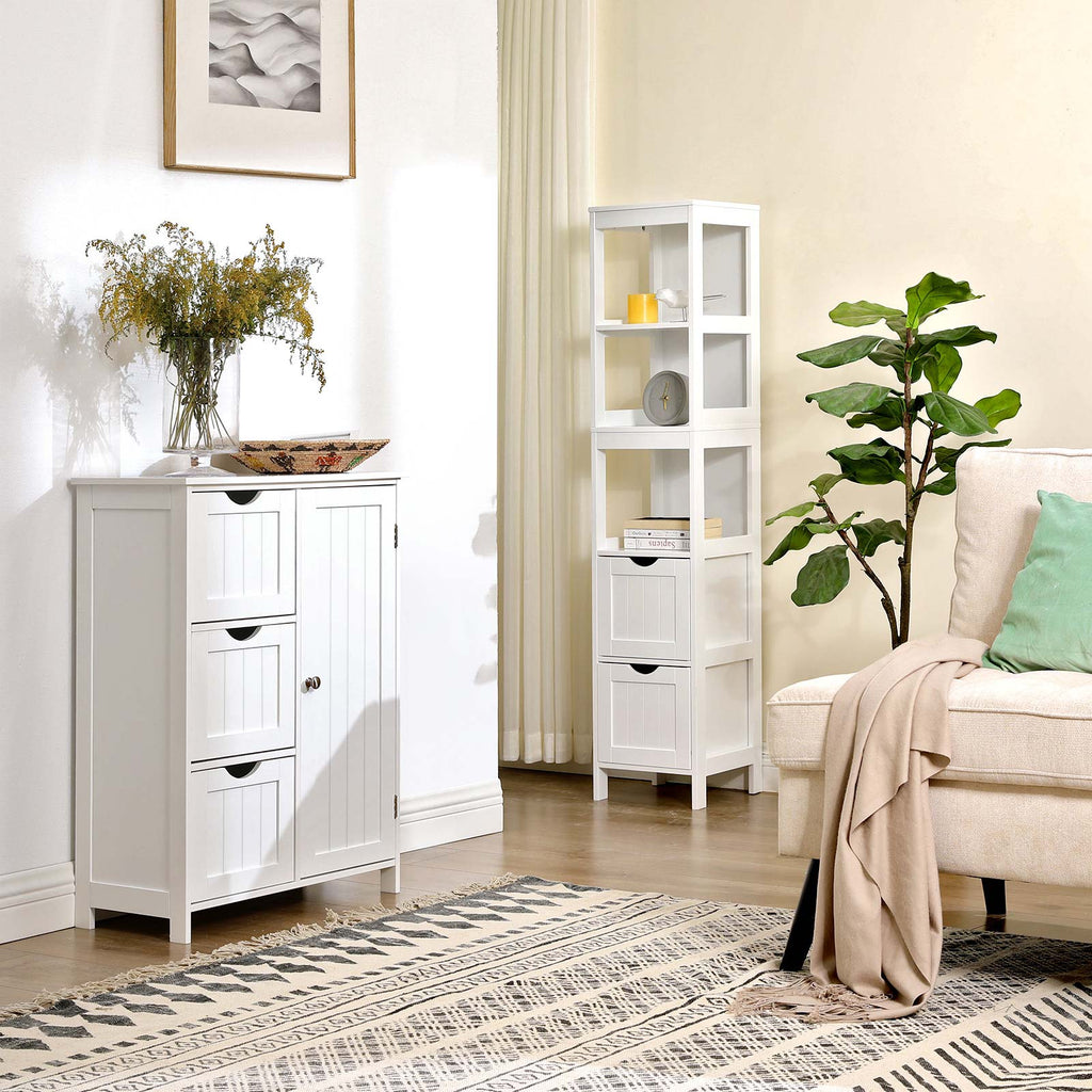 Badkamerkast - Hoge kast met 2 lades en 3 open vakken - 30 x 30 x 141,5 cm - Wit
