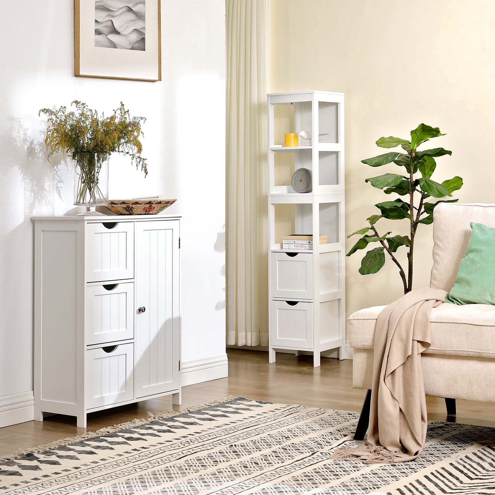 Badkamerkast - Hoge kast met 2 lades en 3 open vakken - 30 x 30 x 141,5 cm - Wit