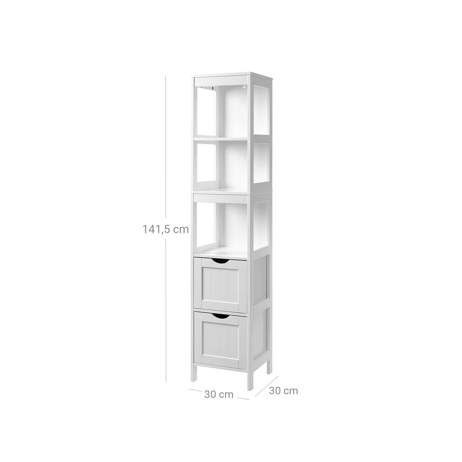 Badkamerkast - Hoge kast met 2 lades en 3 open vakken - 30 x 30 x 141,5 cm - Wit