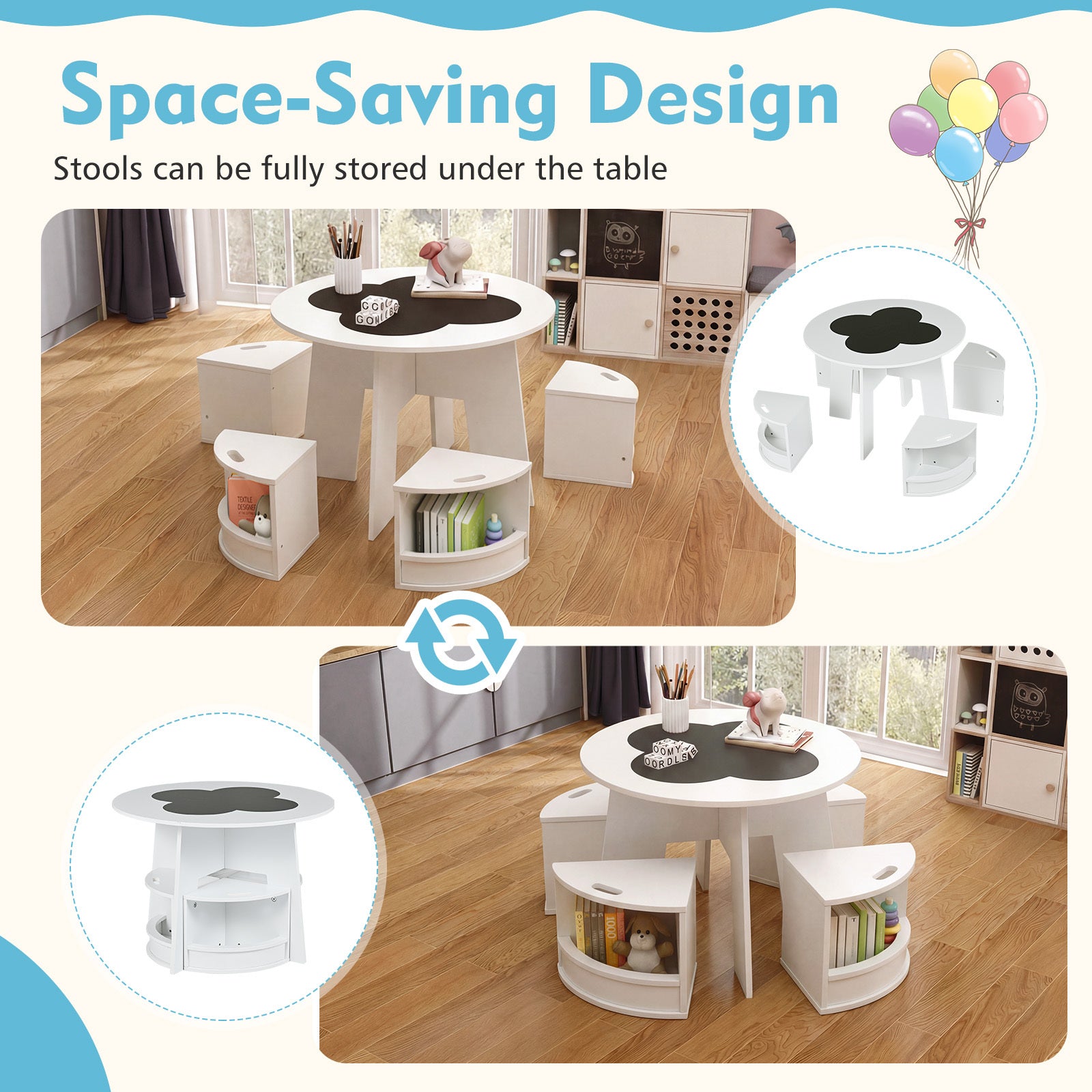 Träbarnbord – och stolsset, delad rund barnsitsgrupp med fyra förvaringspallar – 5