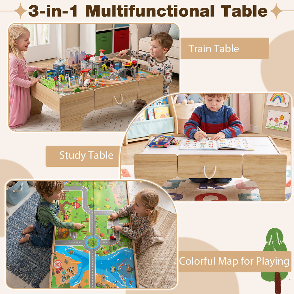 Trälekbord, – 110‑delat barnjärnvägsset med stor inbyggd låda, – 107 x 63 x 40 cm
