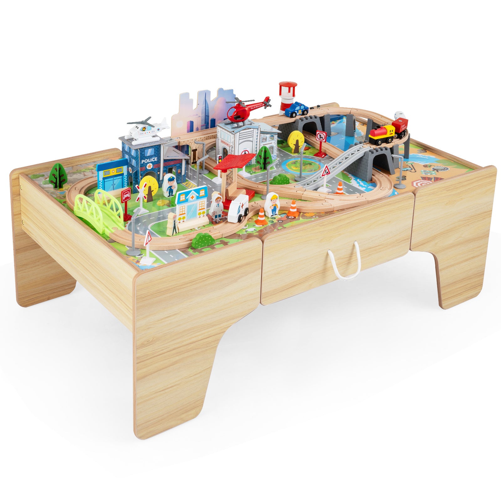 Trälekbord, – 110‑delat barnjärnvägsset med stor inbyggd låda, – 107 x 63 x 40 cm