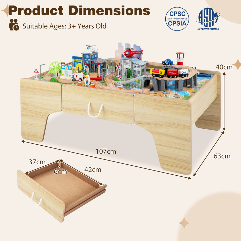 Trälekbord, – 110‑delat barnjärnvägsset med stor inbyggd låda, – 107 x 63 x 40 cm