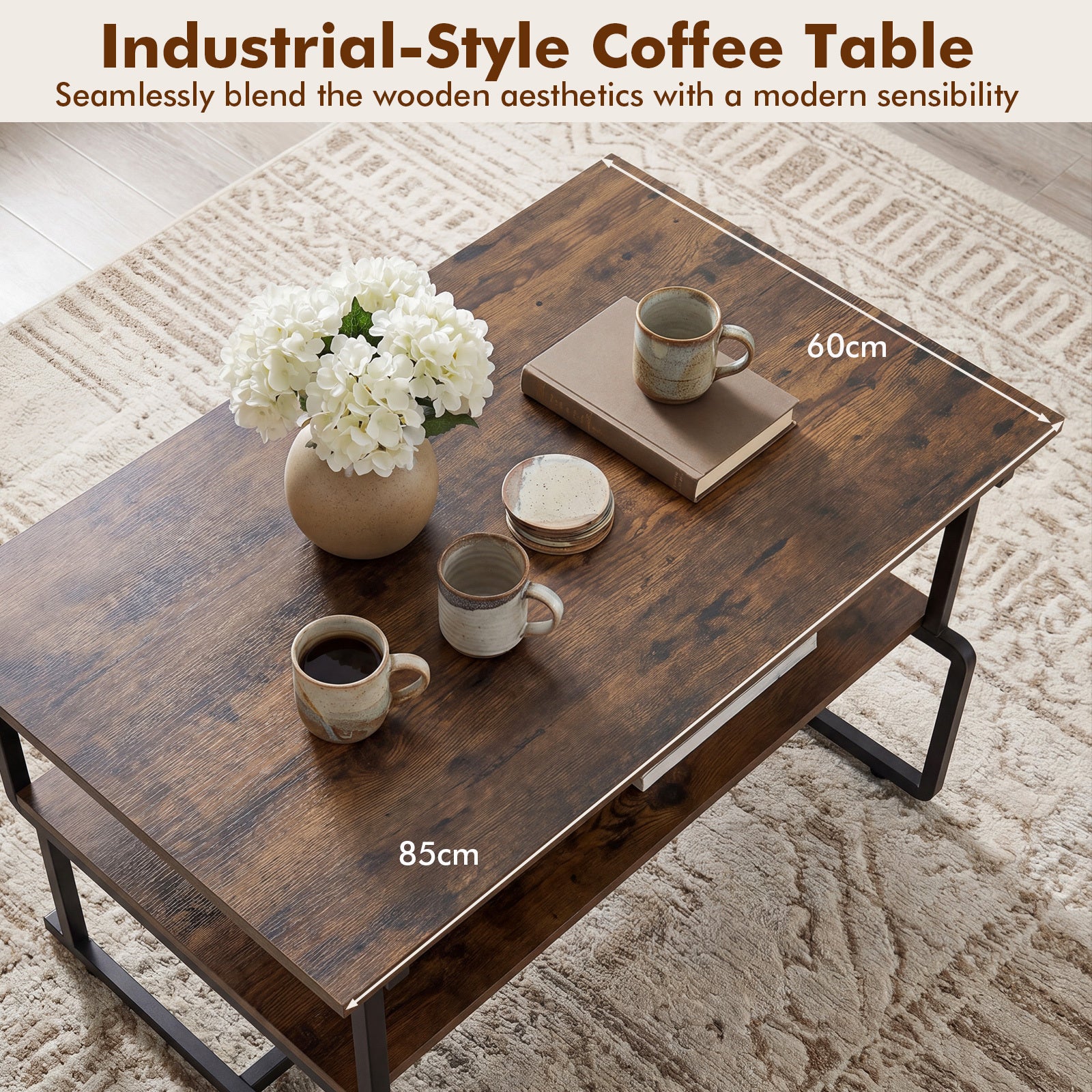 Tvåvånigt – soffbord Rektangulärt vardagsrumsbord med metallram och träutseende – 85 x 60 x 47 cm
