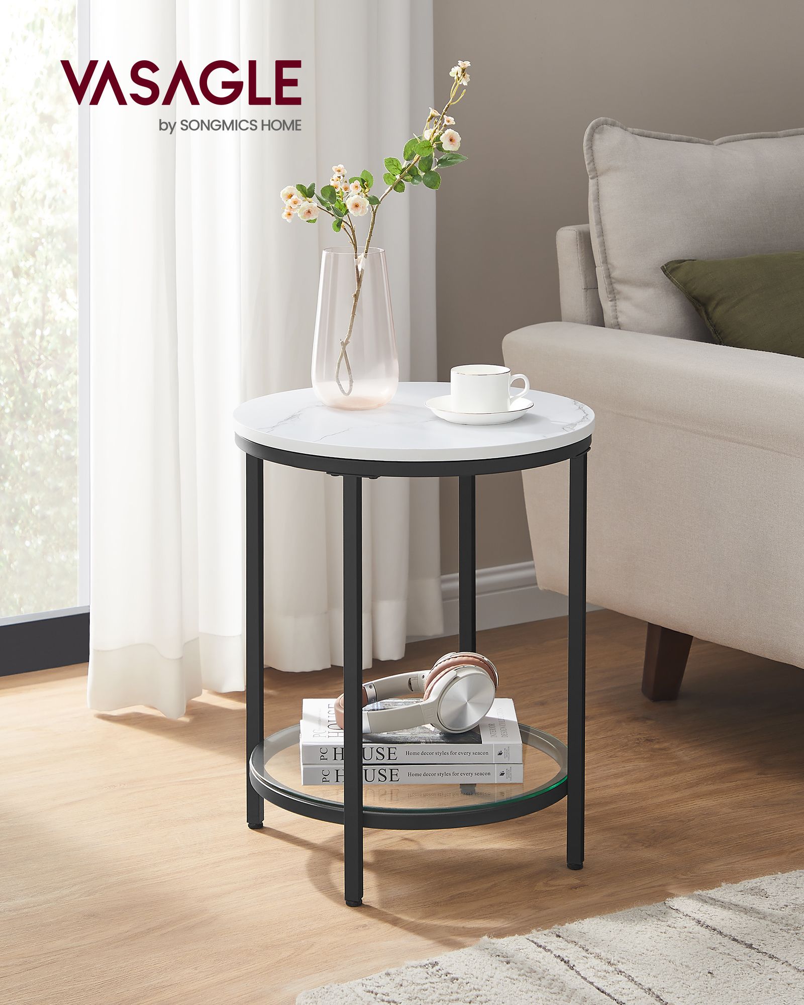 Bijzettafel – 2 niveaus – wit marmerlook – zwart frame