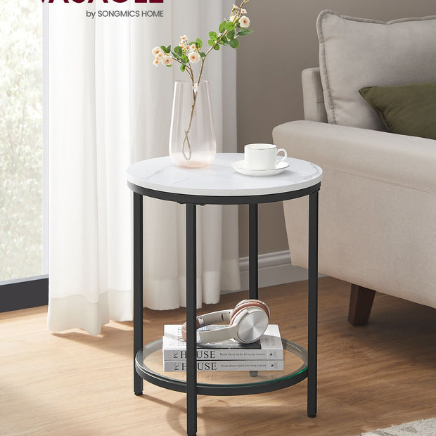 Bijzettafel – 2 niveaus – zwart frame – wit marmerlook