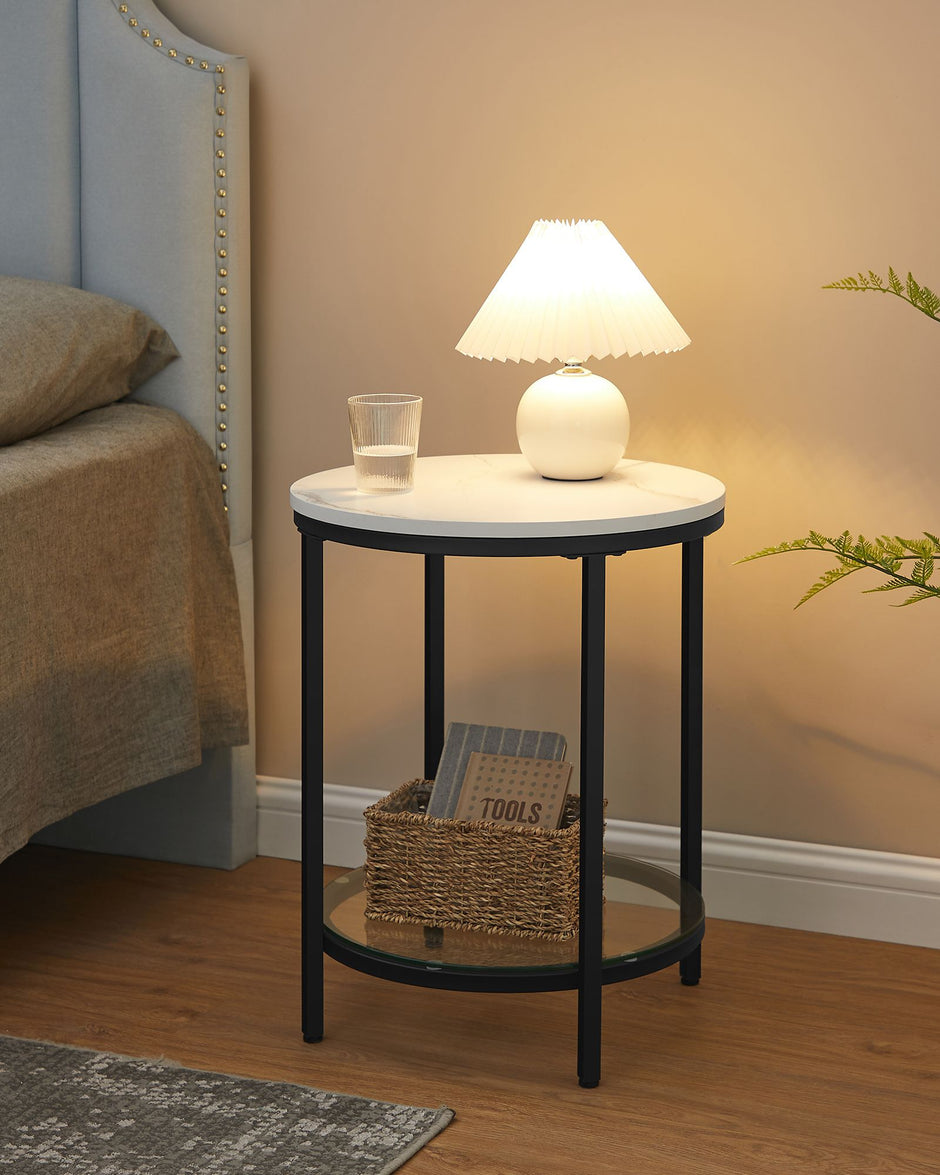 Bijzettafel – 2 niveaus – zwart frame – wit marmerlook