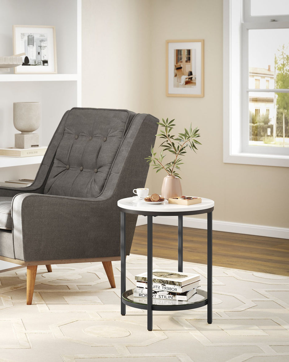 Bijzettafel – 2 niveaus – zwart frame – wit marmerlook