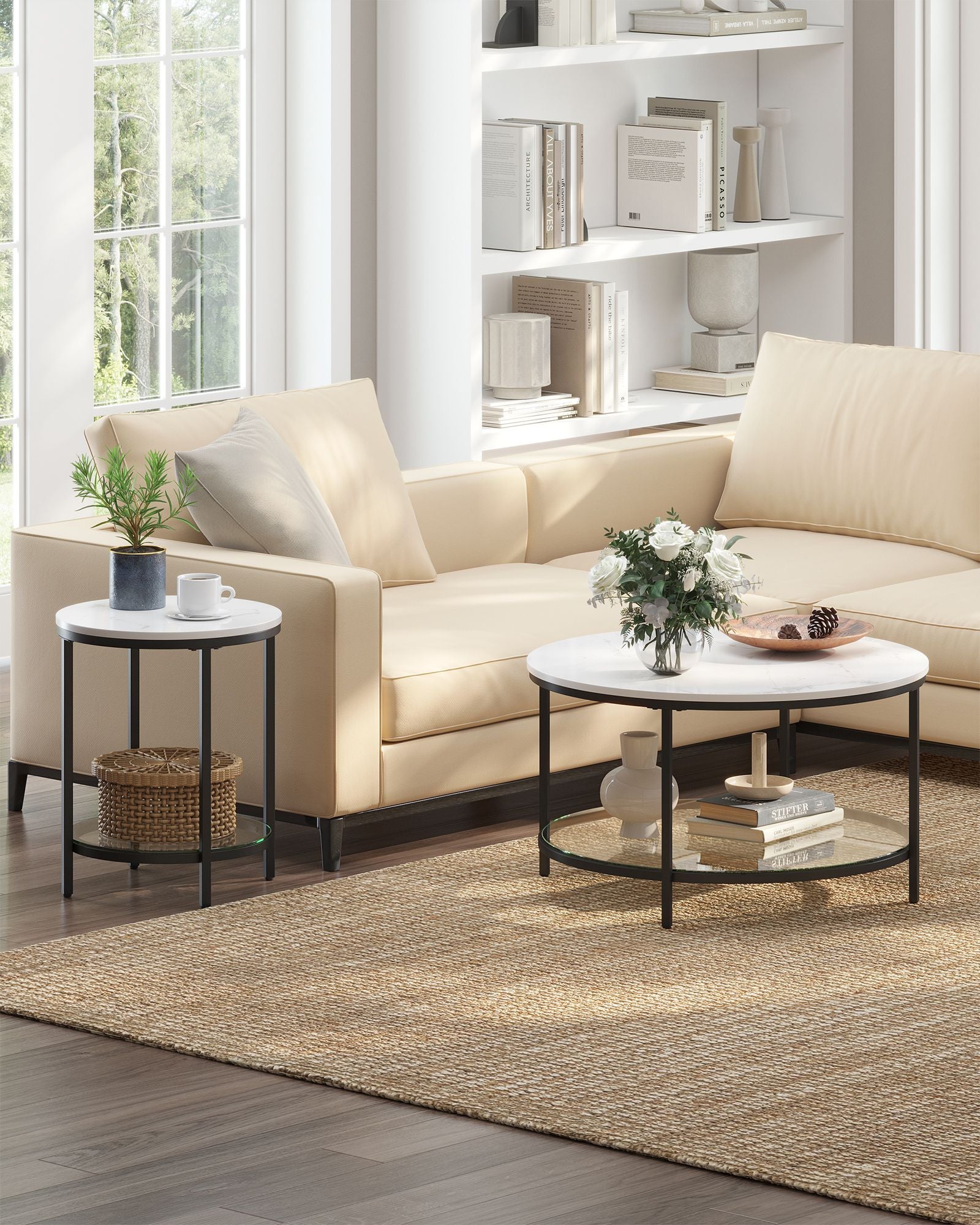 Bijzettafel – 2 niveaus – zwart frame – wit marmerlook