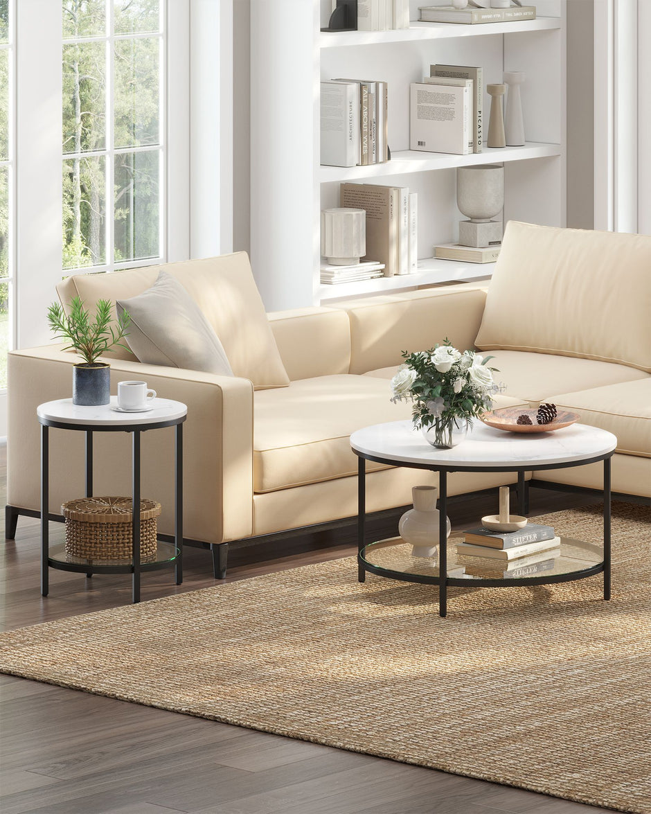 Bijzettafel – 2 niveaus – zwart frame – wit marmerlook