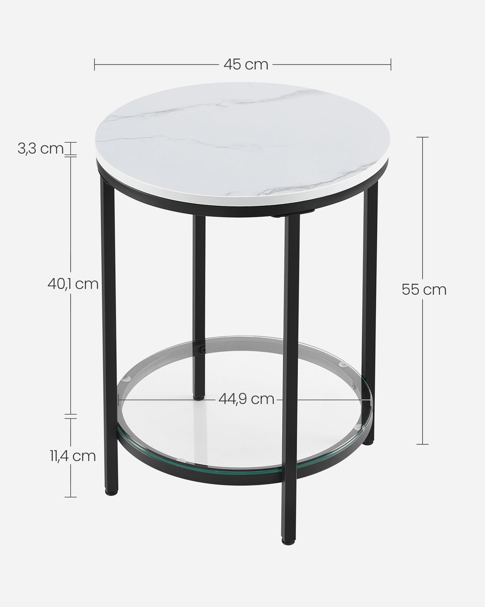 Bijzettafel – 2 niveaus – wit marmerlook – zwart frame