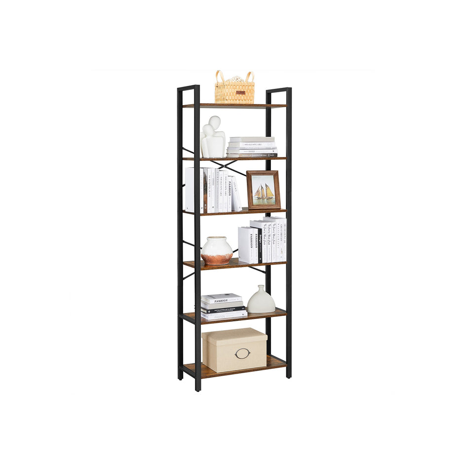 Boekenkast met 6 open planken – Rustiek bruin – 66 x 30 x 186 cm – Met anti-kantelset
