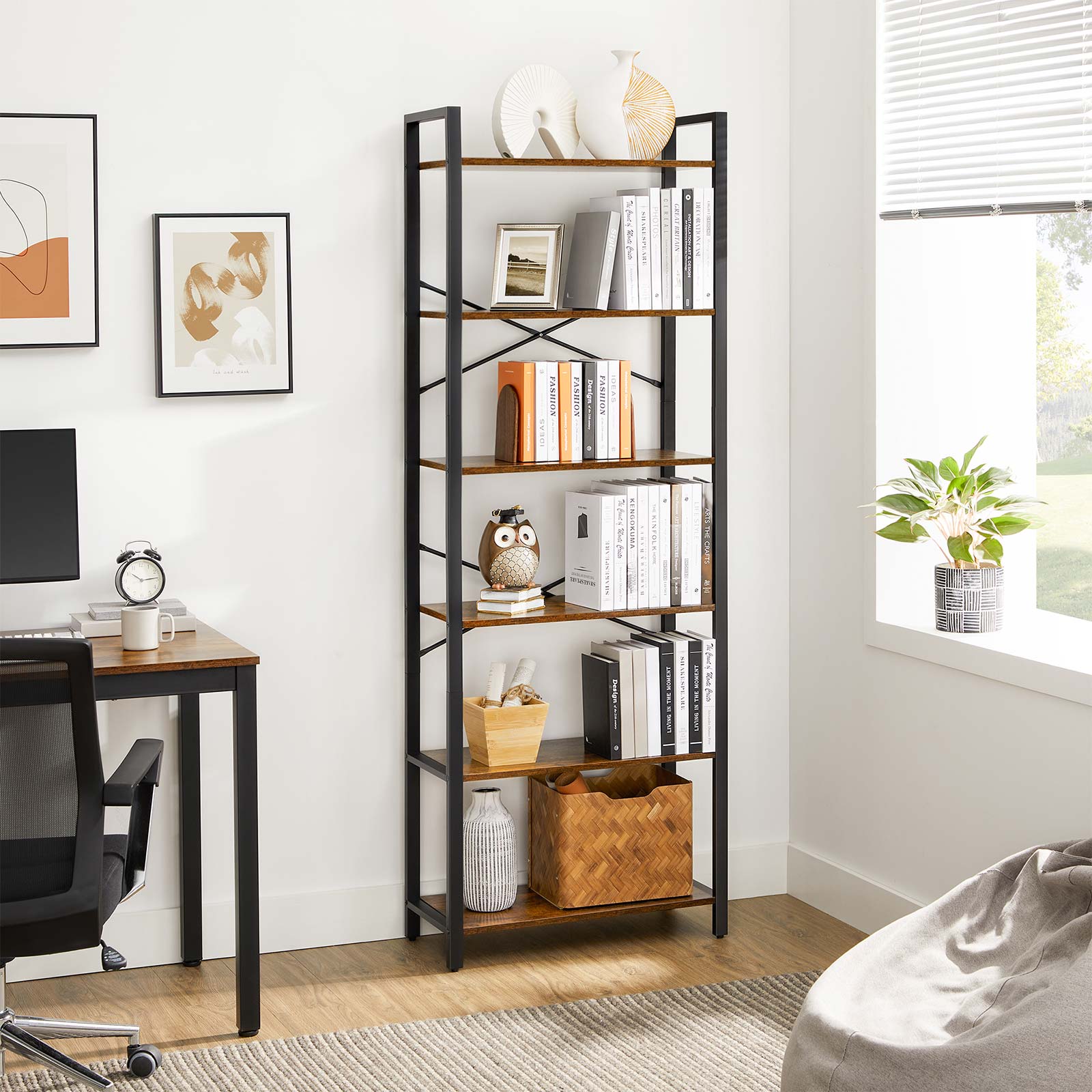 Boekenkast - 6 niveaus - 30 x 120 x 172,5 cm - Vintage Bruin / Zwart