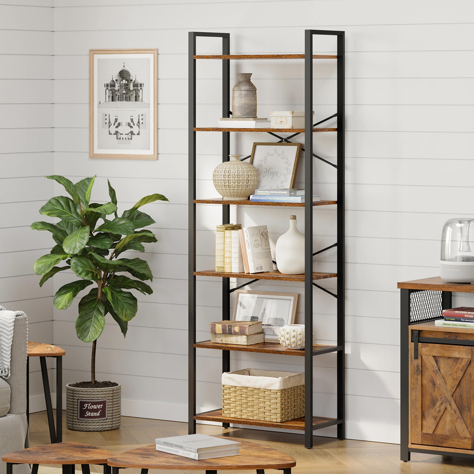 Boekenkast - 6 niveaus - 30 x 120 x 172,5 cm - Vintage Bruin / Zwart