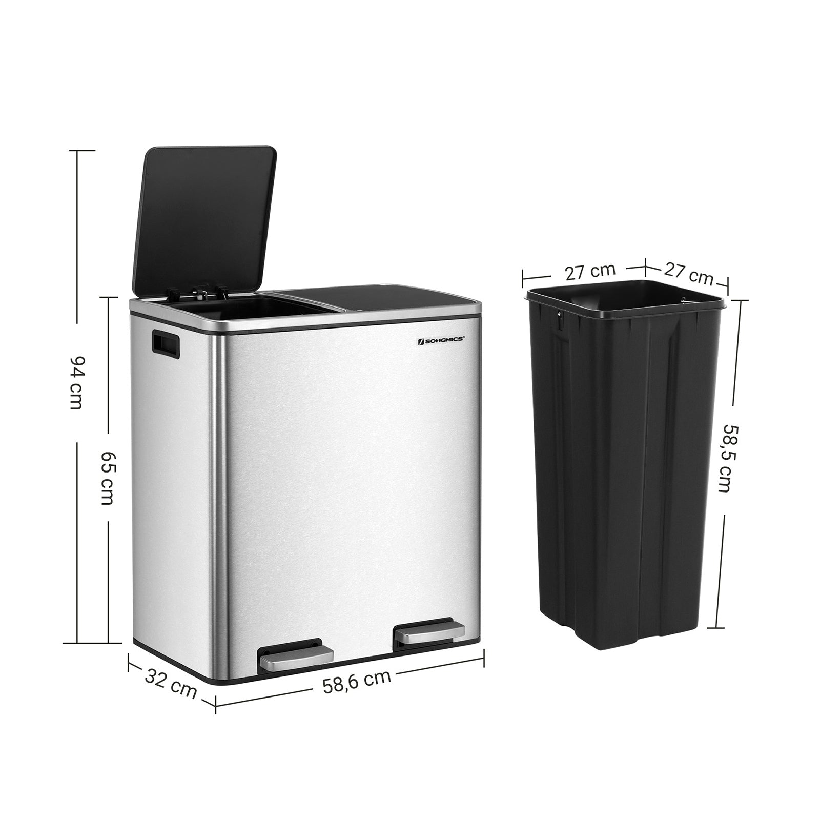 Afvalbak – 2 x 30 L – luchtdicht – afvalscheiding – zilver