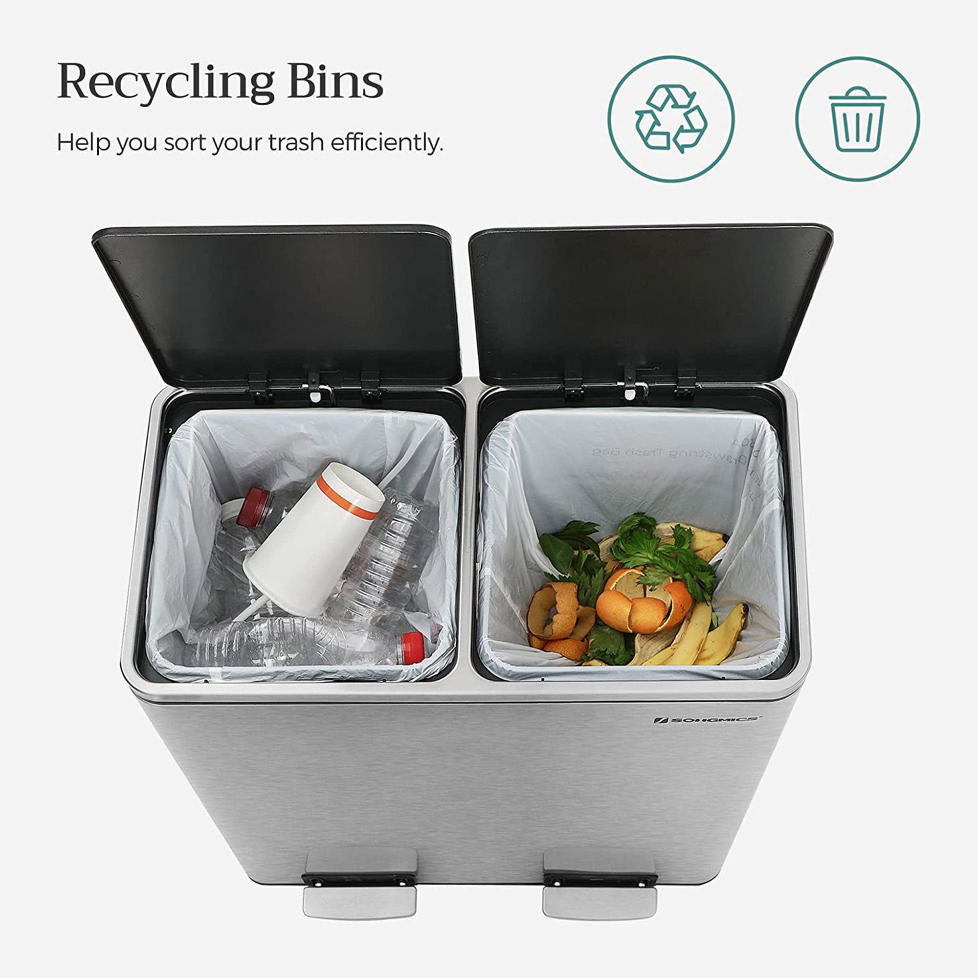 Afvalbak – 2 x 30 L – luchtdicht – afvalscheiding – zilver