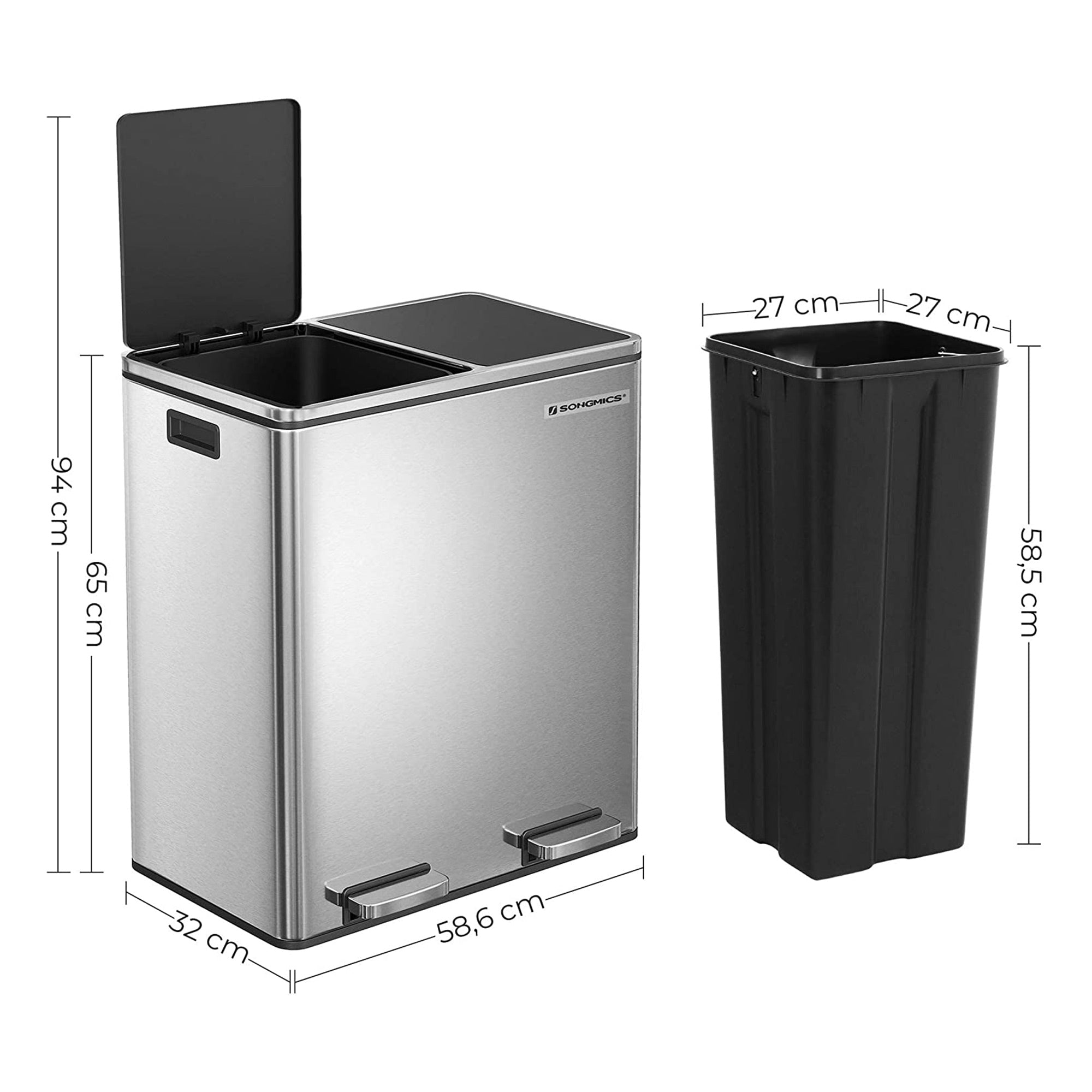 Afvalbak – 2 x 30 L – luchtdicht – afvalscheiding – zilver