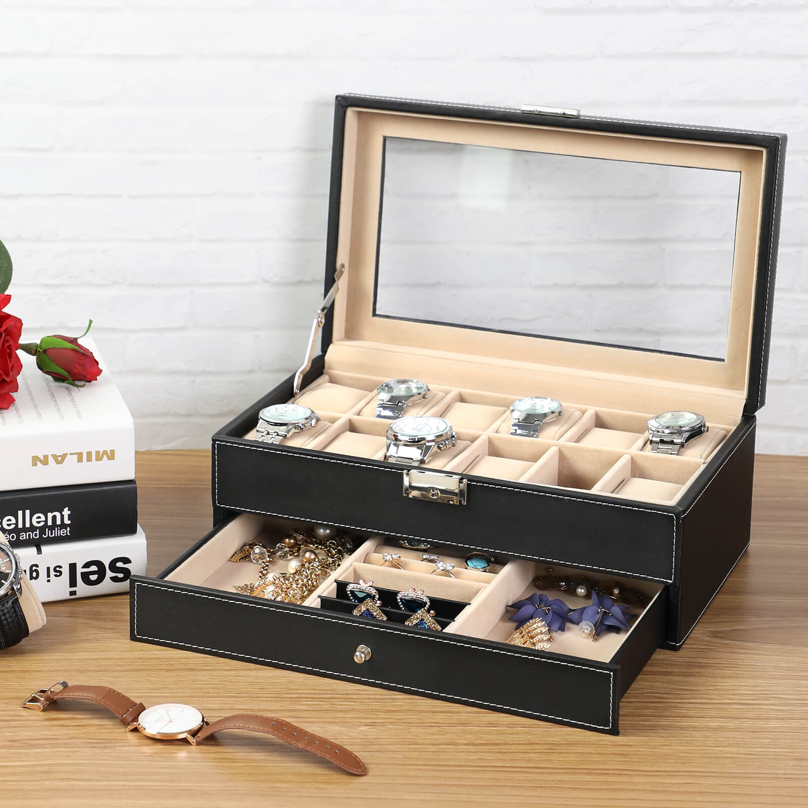 Horlogebox – met lade – 12 horloges – sieradenvak – glazen deksel – zwart