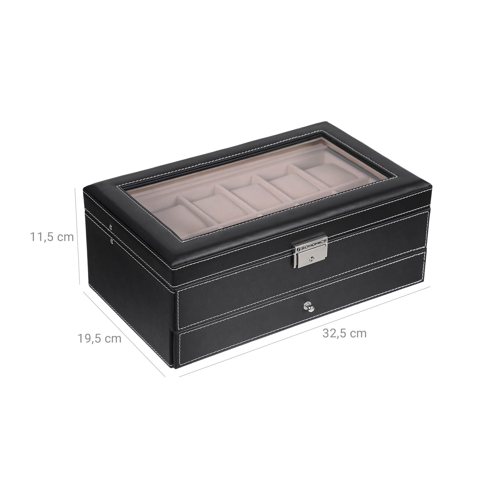 Horlogebox – met lade – 12 horloges – sieradenvak – glazen deksel – zwart