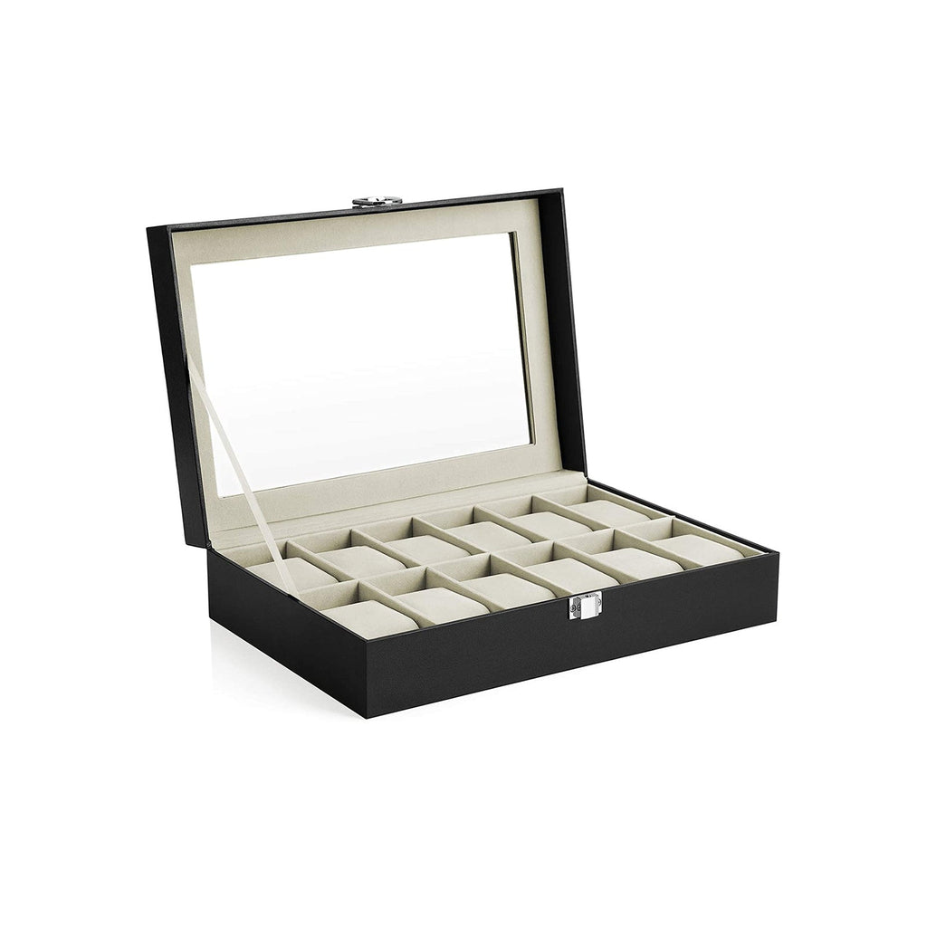 Horlogebox – 12 horloges – glazen deksel – zwart