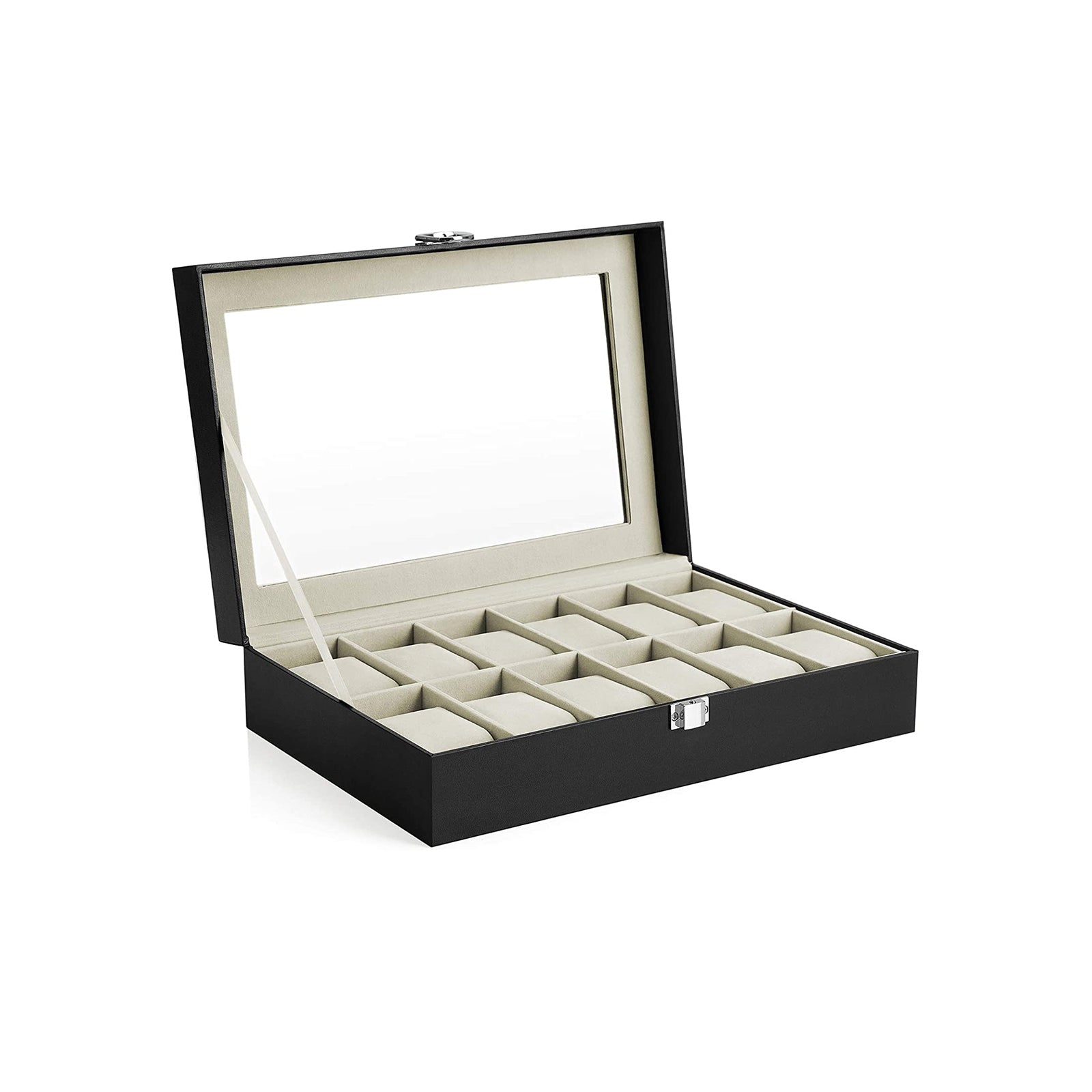 Horlogebox – 12 horloges – glazen deksel – zwart