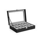 Horlogebox – 12 horloges – glazen deksel – zwart
