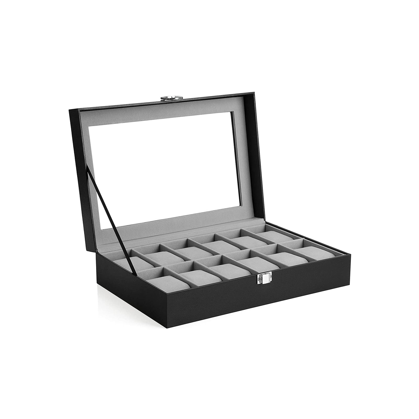 Horlogebox – 12 horloges – glazen deksel – zwart