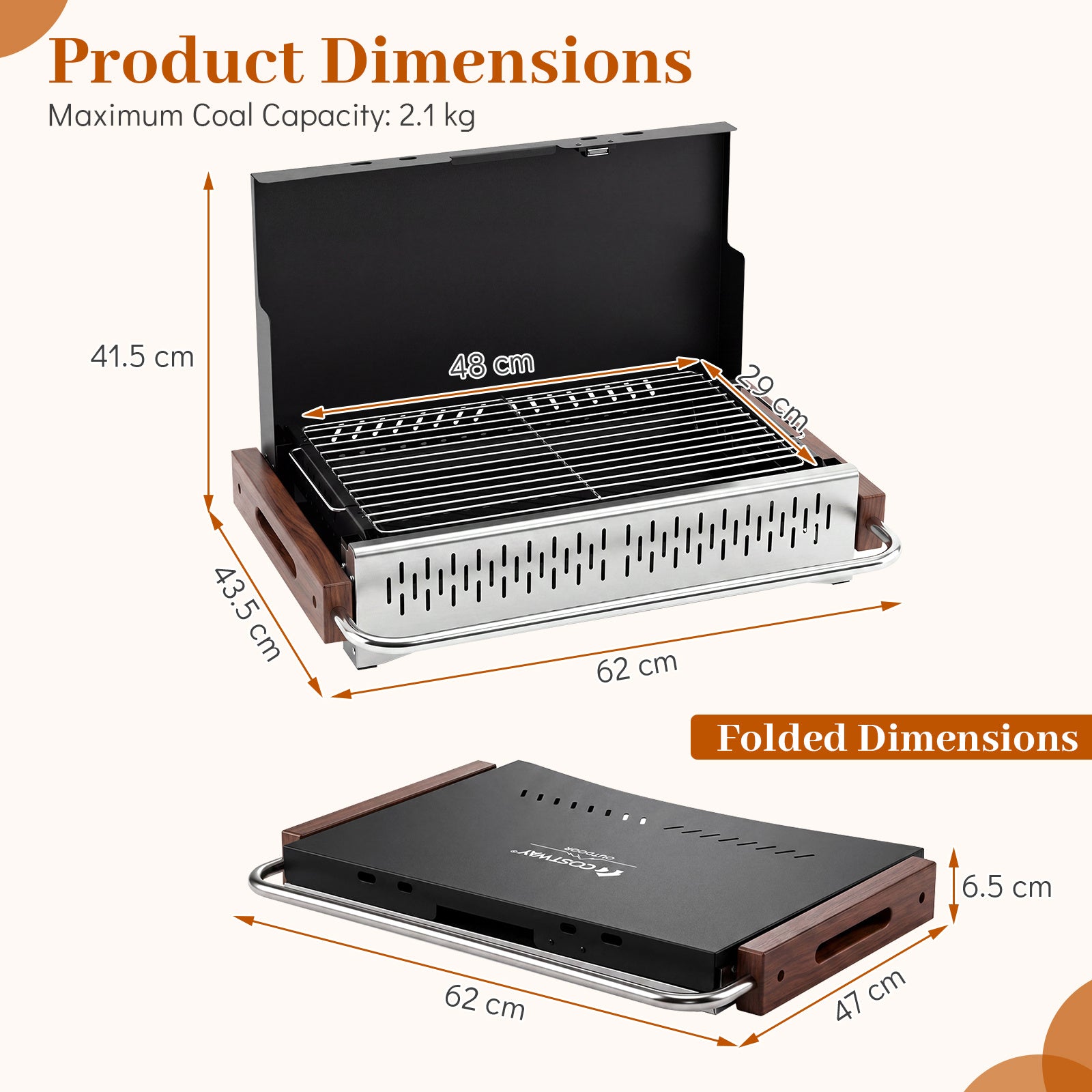 Vikbar – utomhusgrill, portabel kolgrill av metall för camping, – 62 x 43,5 x 41,5 cm