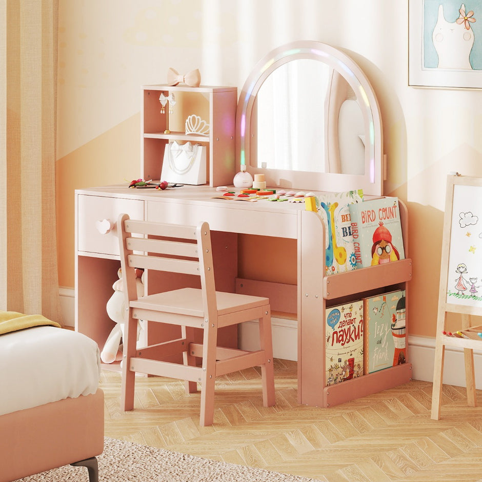 Barnsminkbord – med belysning upplyst spegel – Rosa