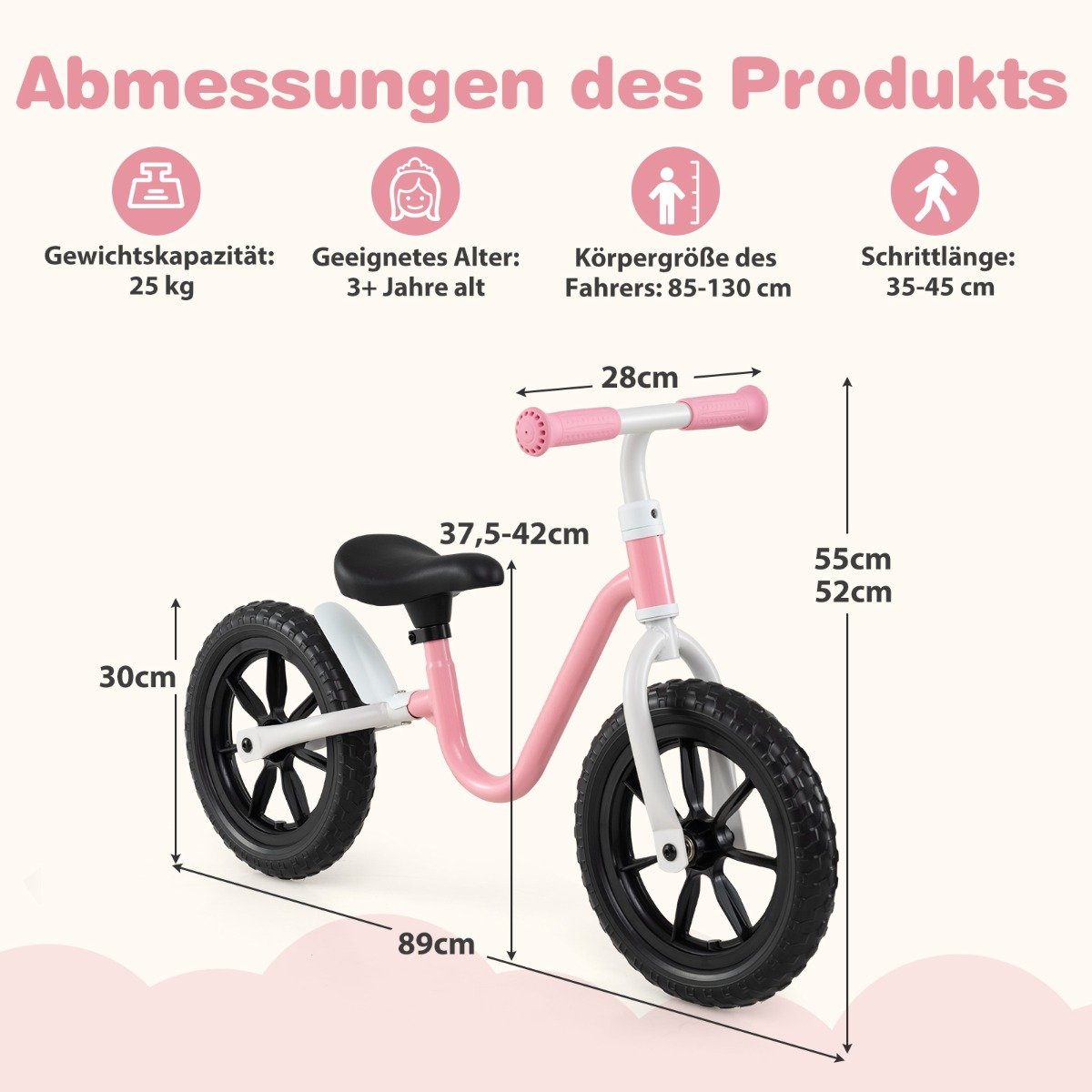 Löparhjul – med ratt och Höjdjusterbart säte Lärande tum – 12 – Rosa