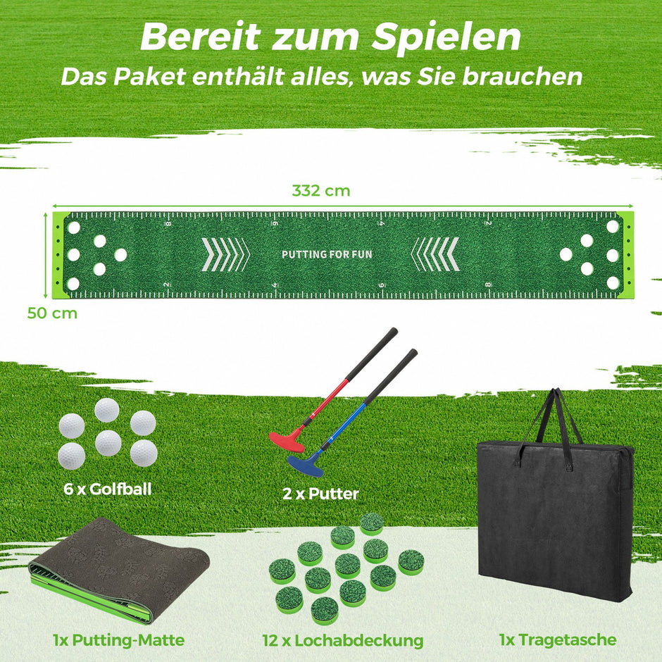 Golfputtningsmatta – med justerbara klubbor och bollar träningsmatta – 2 6 332 cm – Grön