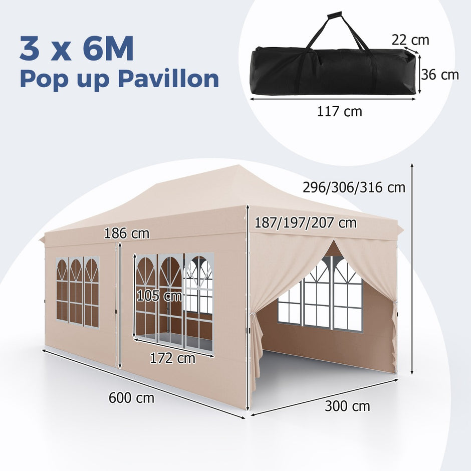 Paviljong, – hopfällbar med avtagbara sidoväggar och sandsäckar – 6 3 x 6 m – Beige