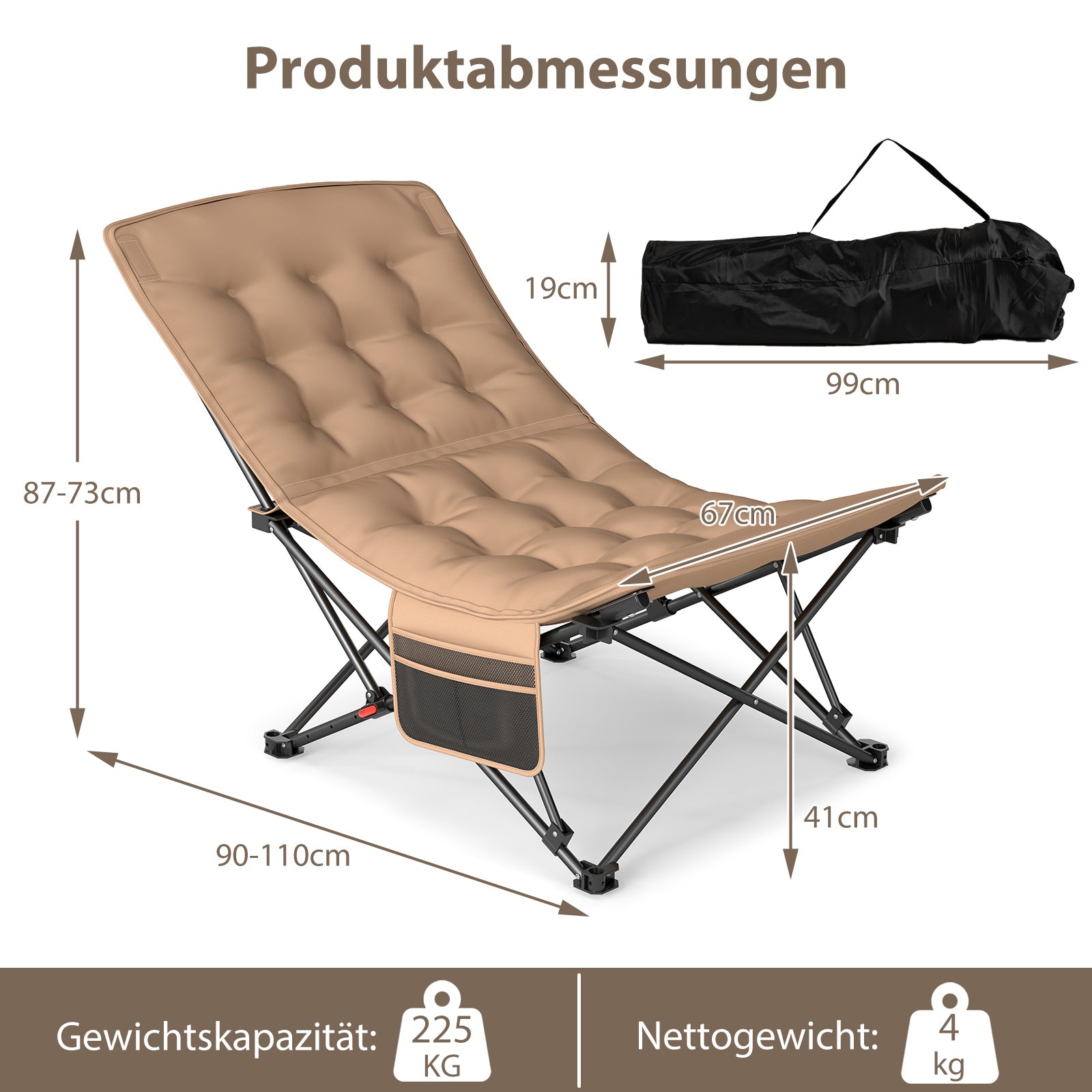 Fällbar – campingstol med justerbart ryggstöd och bärförmåga – 225 kg – Khaki