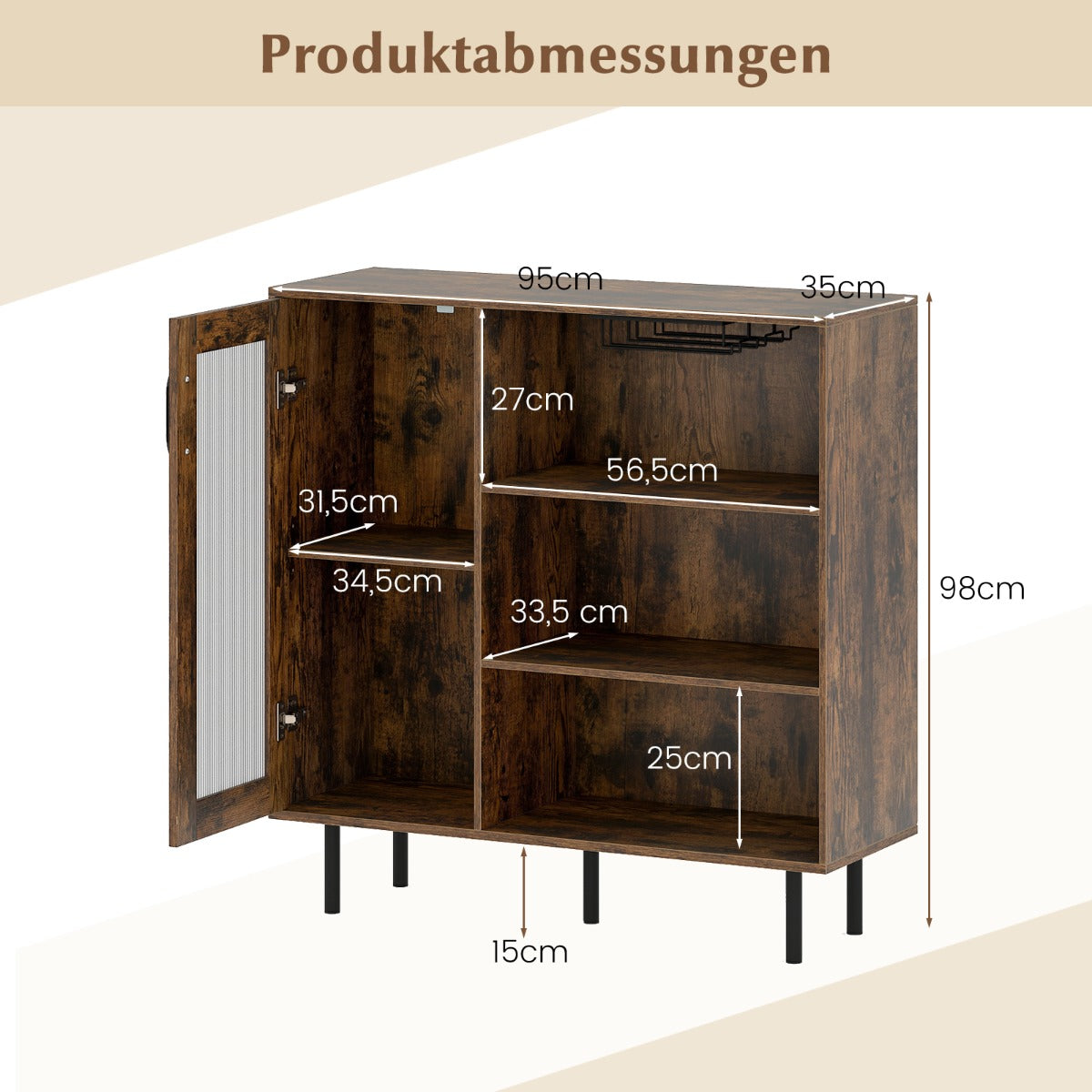 Träsideboard – köksskåp med glasdörr och justerbart vinställ glasstöd byrå – Brun