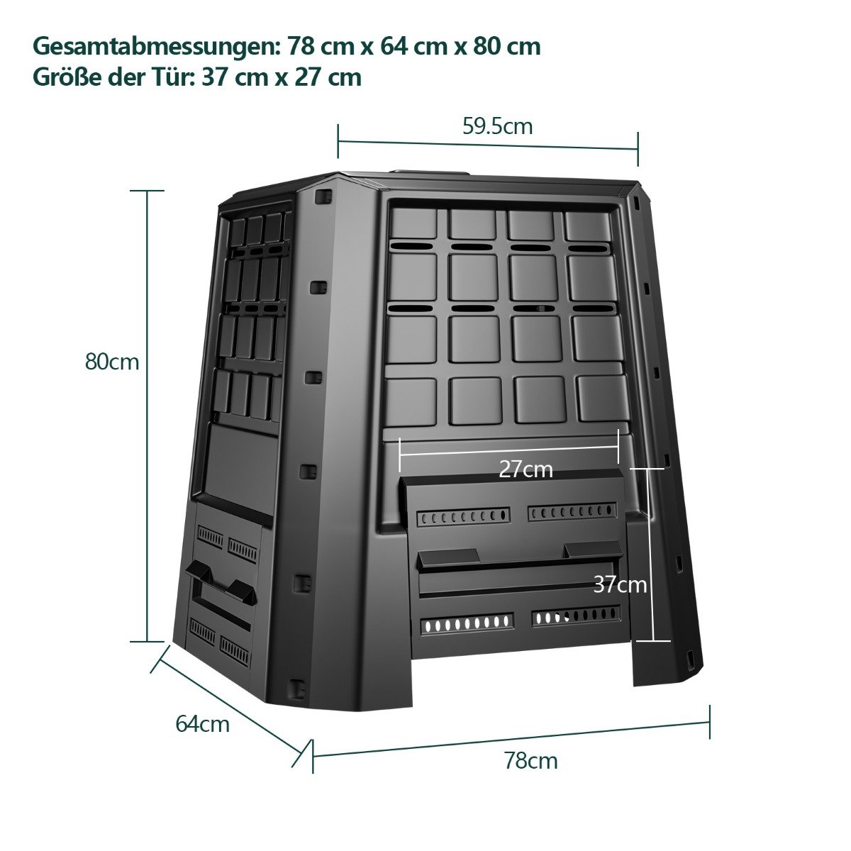 Trädgårdskomposter – PP Thermokomposter med lock och justerbara luftöppningar – 380 L 78 x 64 x 80 cm – Svart